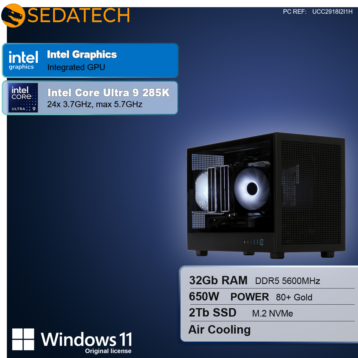 Czarna obudowa komputera ze świecącym wentylatorem. Tekst zawiera Intel, Windows 11 i specyfikacje takie jak 32 GB RAM i 2 TB SSD.