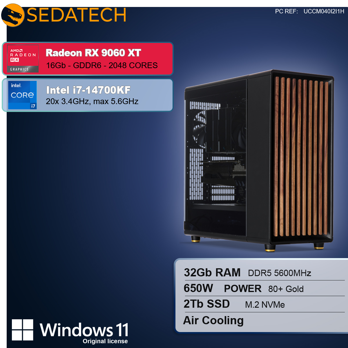 Un case per computer con pannelli frontali in legno. Le specifiche includono Radeon RX 9060 XT, Intel i7, 32 GB RAM, 2 TB SSD e Windows 11.