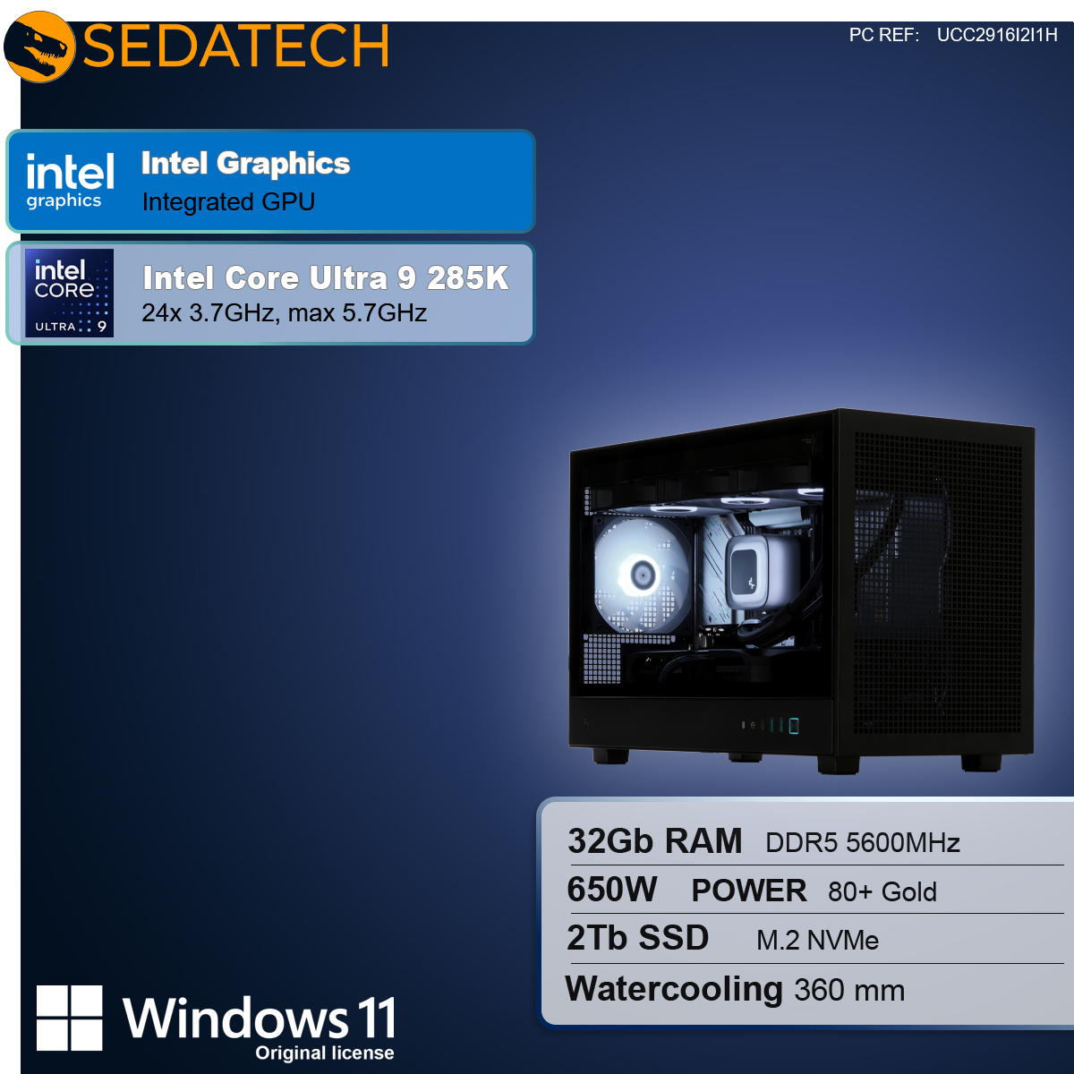 Czarna obudowa komputera z podzespołami podświetlonymi białym światłem. Specyfikacje obejmują procesor Intel, 32 GB RAM, dysk SSD 2 TB i Windows 11.