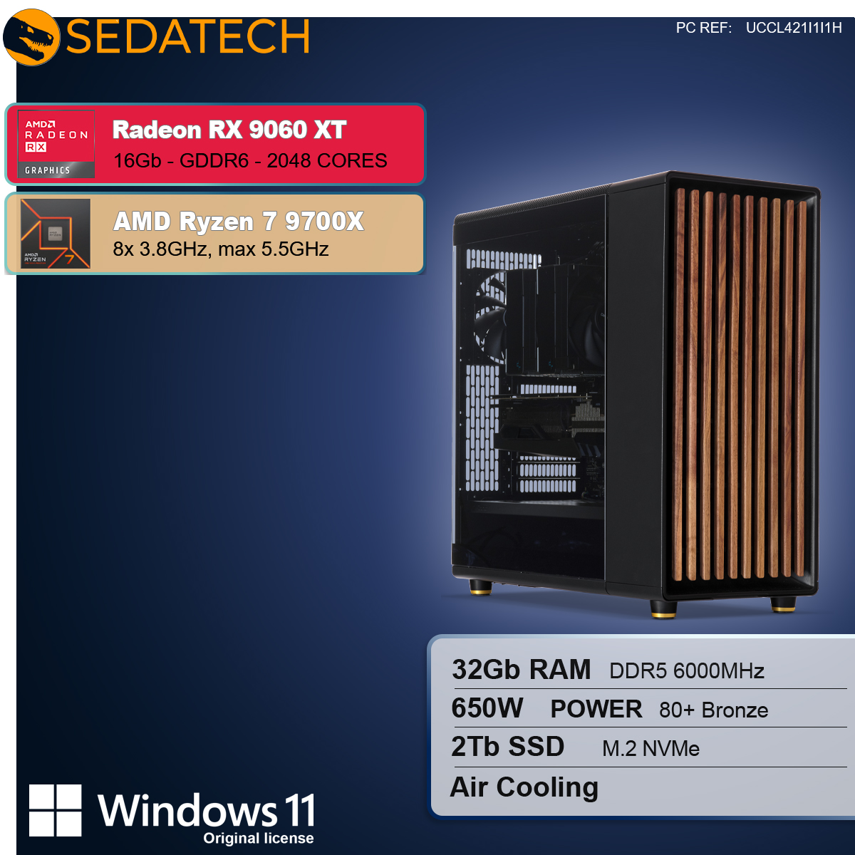 Un case per computer con pannelli in legno, le specifiche includono Radeon RX 9060 XT, Ryzen 7 9700X, 32 GB di RAM e Windows 11.