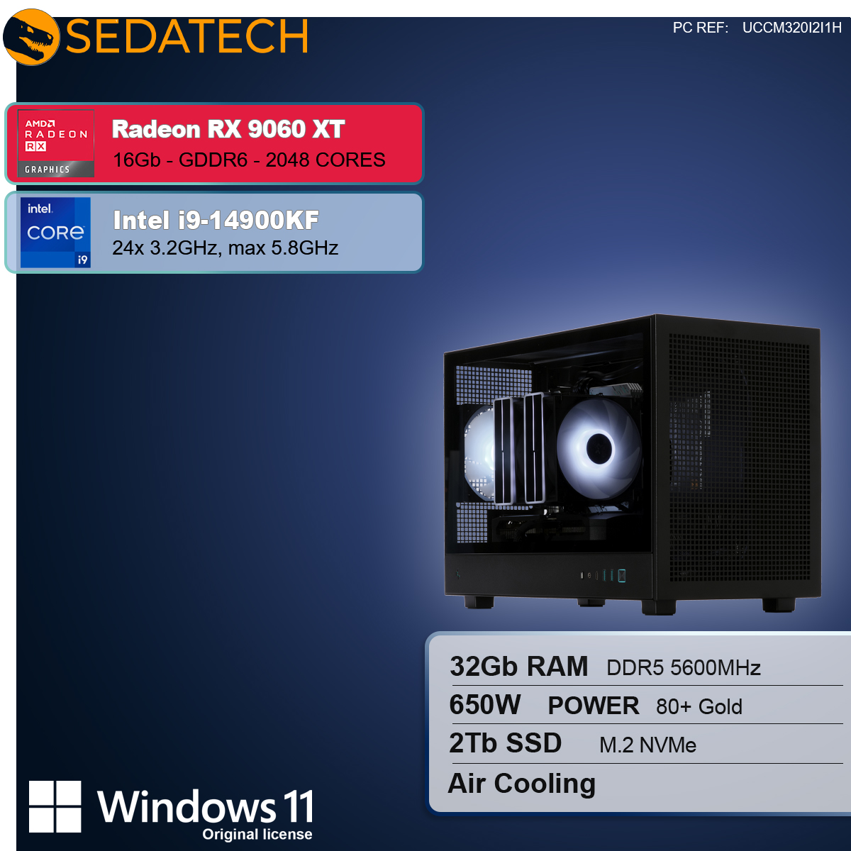 Viene mostrato un case per computer con componenti. Dettagli del testo Radeon RX 9060 XT, Intel i9-14900KF, 32 GB RAM, 2 TB SSD e Windows 11.