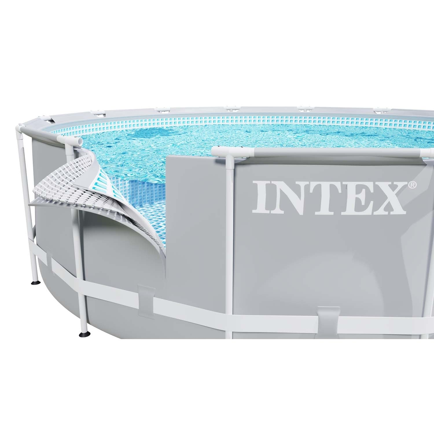 Piscina Intex elevada. Paredes grises, marco blanco, agua azul y el logotipo de Intex. Parcialmente montada, mostrando el interior.