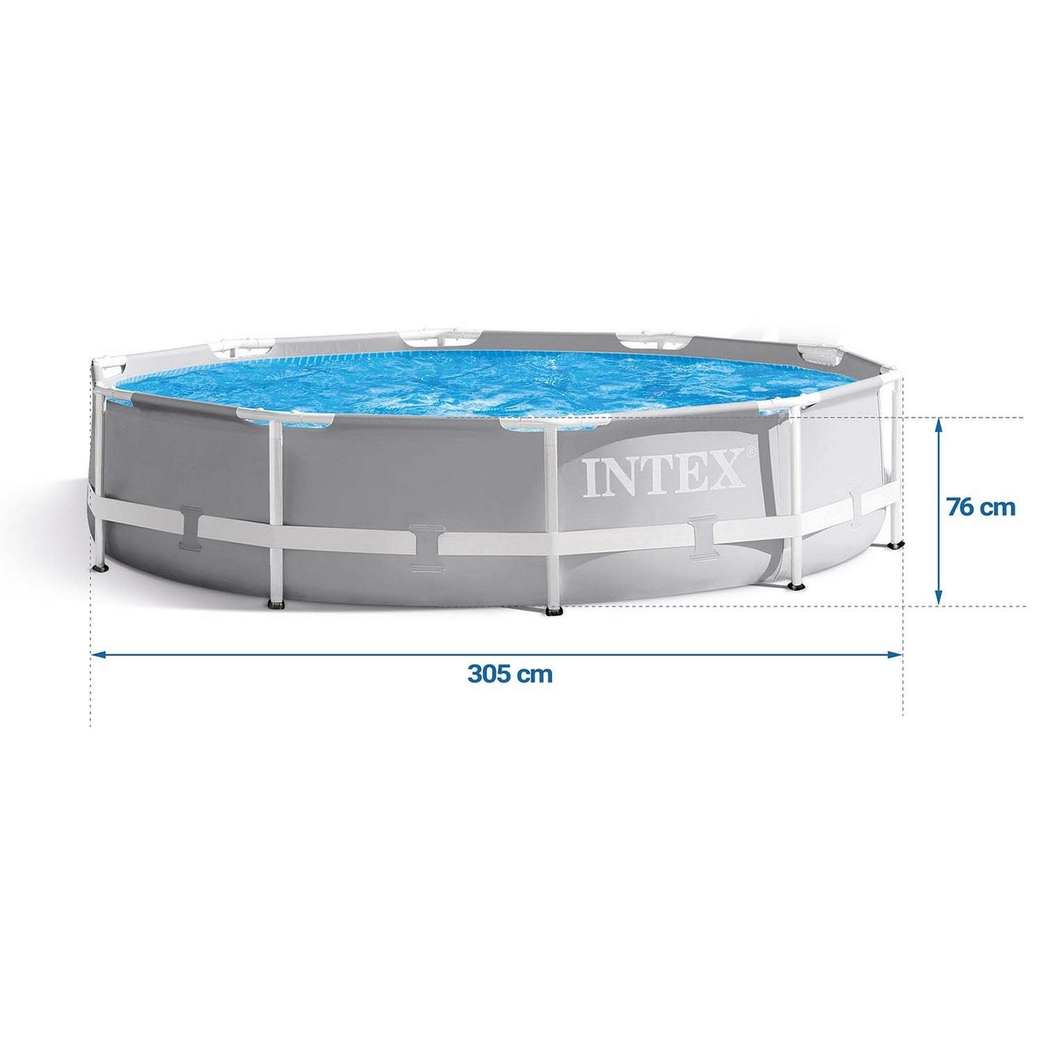 Una piscina Intex redonda con agua azul. Es gris con soportes blancos, las dimensiones son 305 cm x 76 cm. El logotipo de Intex es visible.