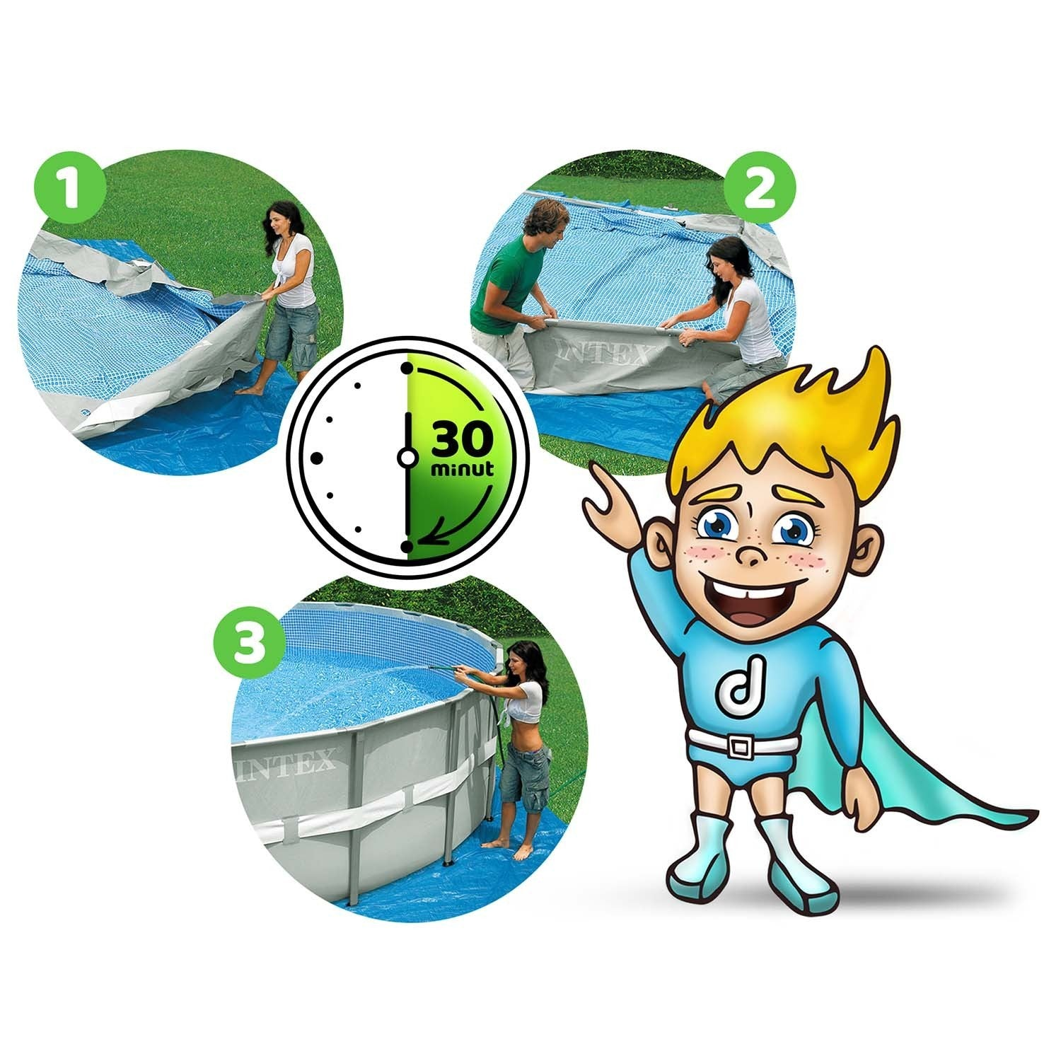 La imagen muestra los pasos de montaje de la piscina. Personas montando una piscina Intex. Un superhéroe de dibujos animados señala los pasos, hay un temporizador.