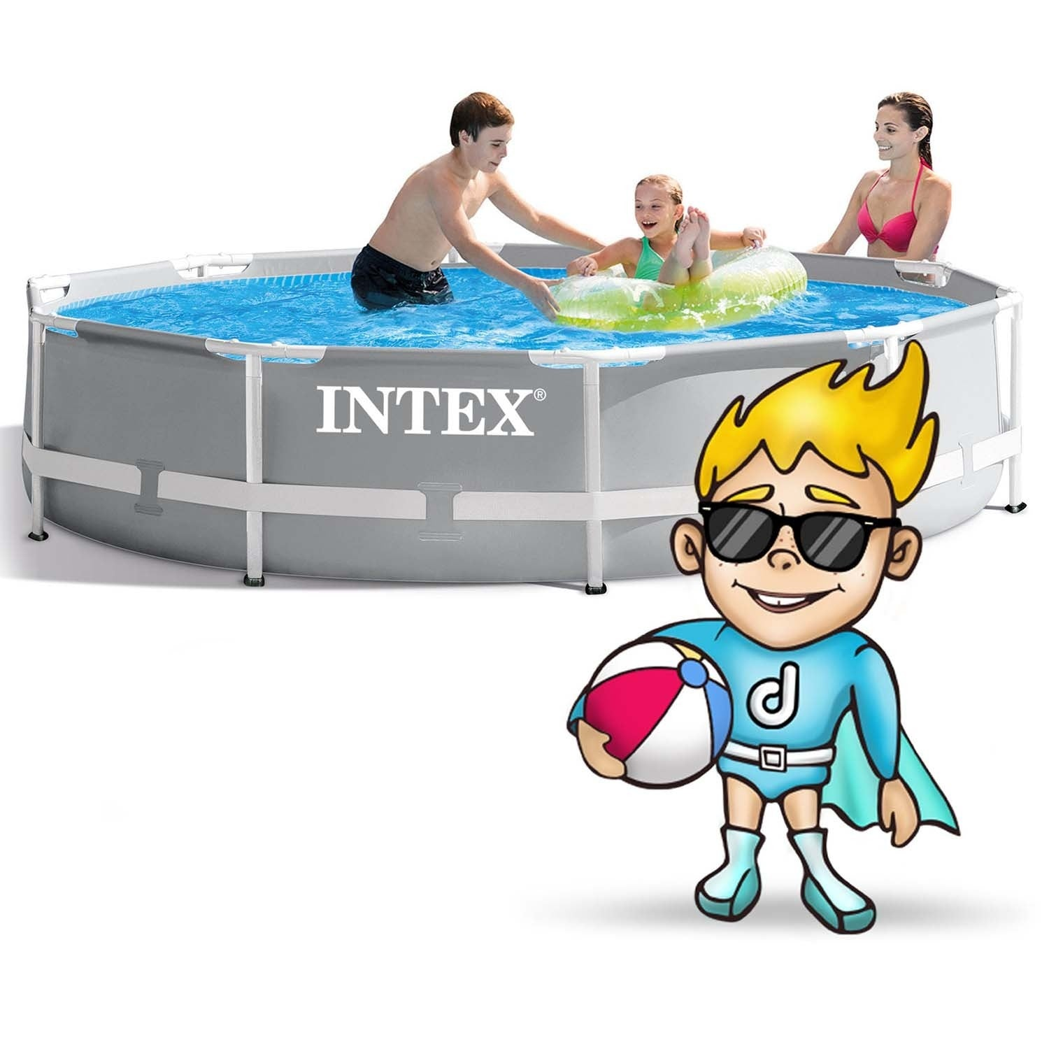 Gente en piscina, personaje de dibujos animados en primer plano. Hombre, niña en flotador, mujer en bikini. Piscina Intex.