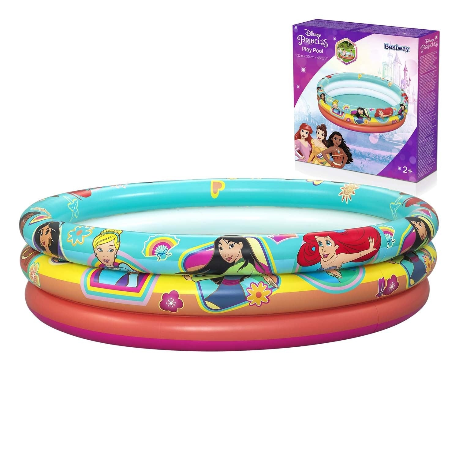 Una piscina de juego de Disney Princess con tres anillos de colores. La caja muestra la piscina y princesas Disney.