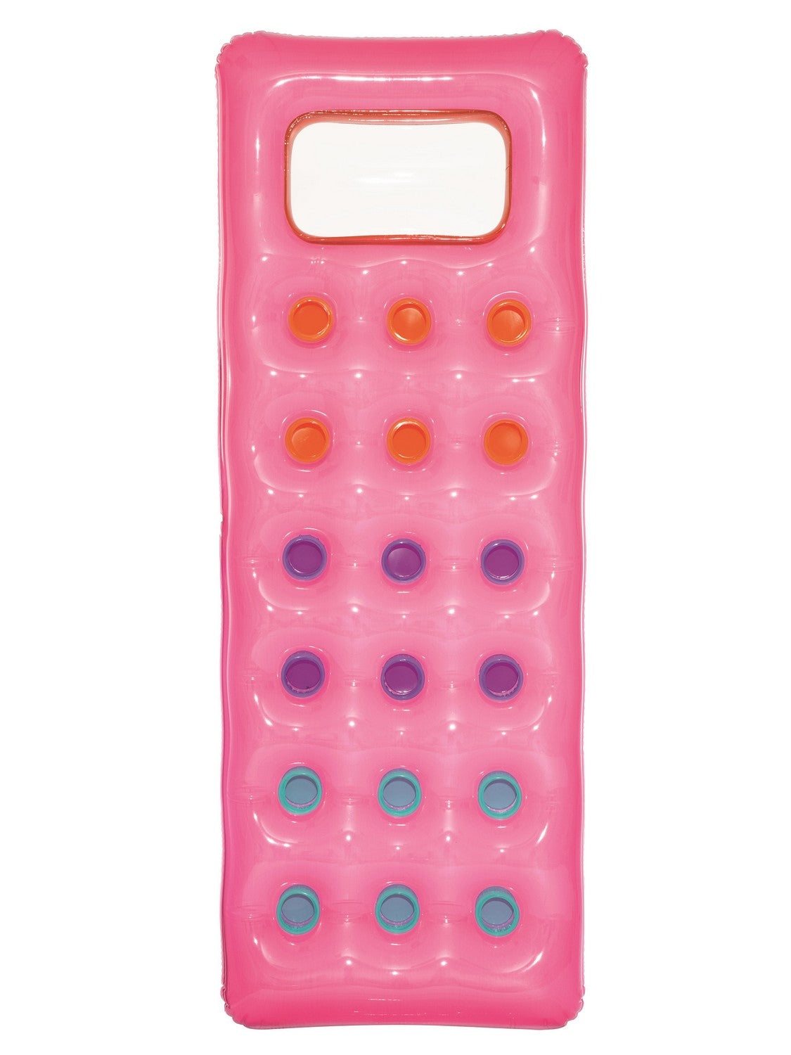 Un flotador inflable rosa para piscina con detalles circulares naranjas, morados y turquesas, y un recorte rectangular para el reposacabezas.
