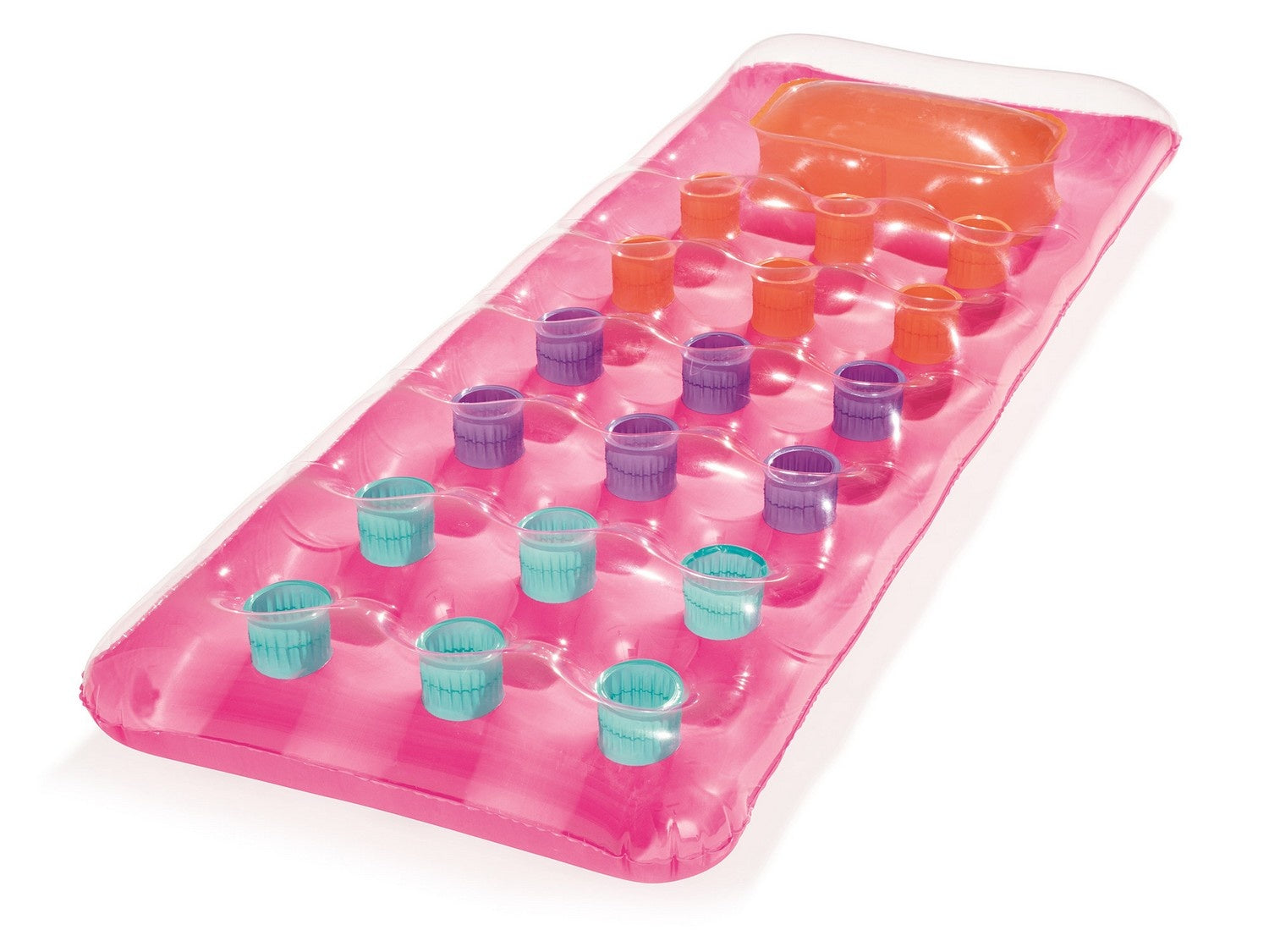 Flotador inflable rosa con portavasos. Tiene portavasos naranjas y morados y un reposacabezas. Fondo blanco.