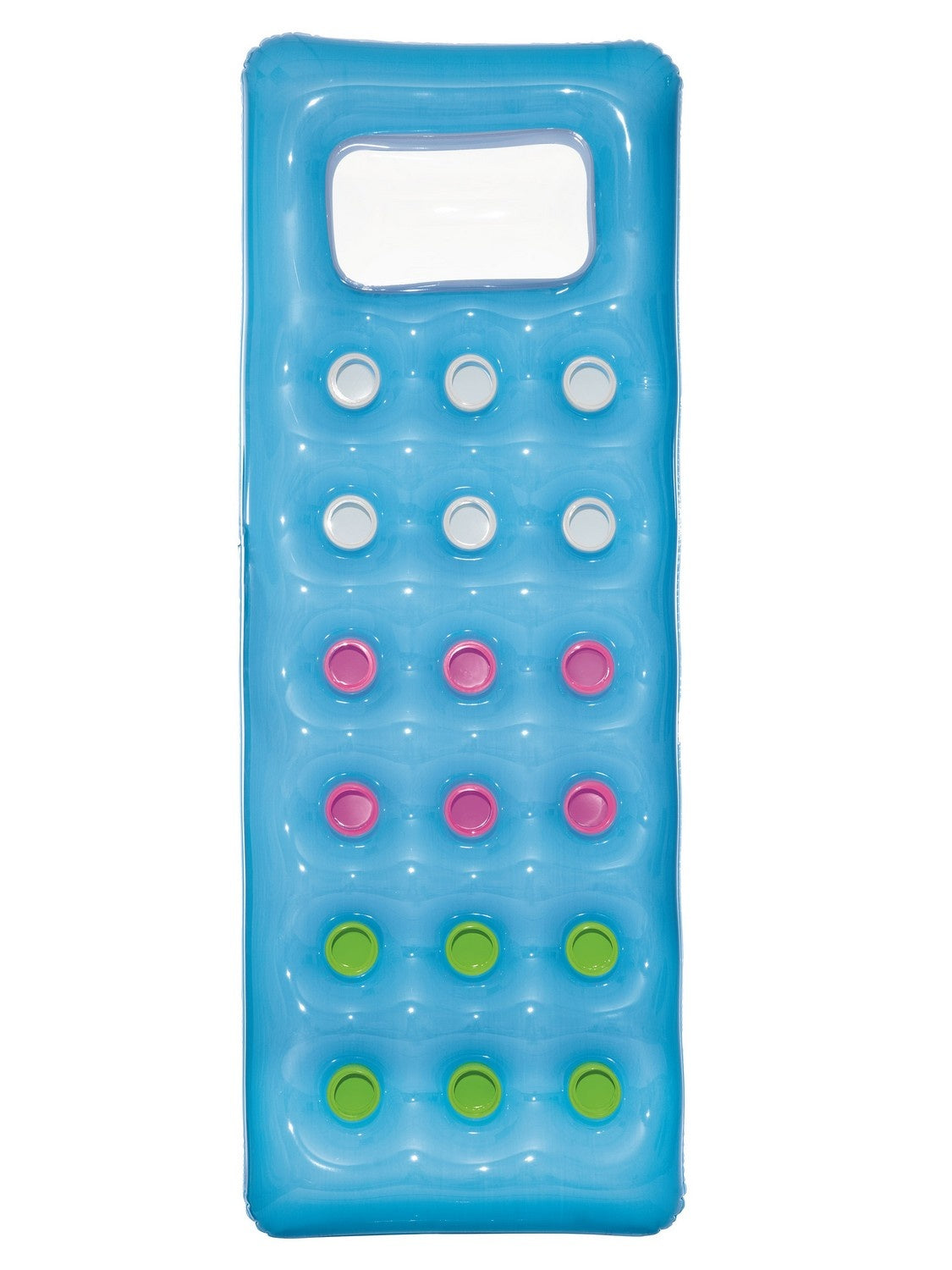 Balsa inflable azul para piscina con ventana transparente y círculos de colores. La balsa es rectangular con círculos azules y de colores.