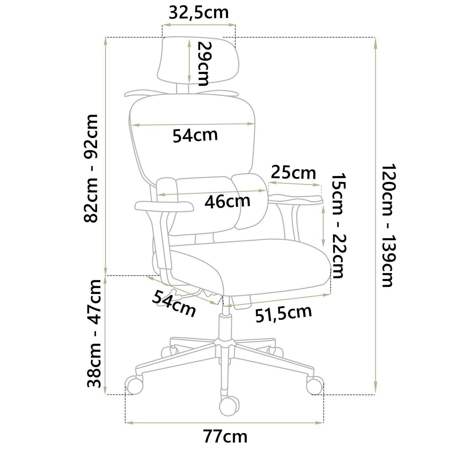 Una silla de oficina con dimensiones etiquetadas. Son visibles el asiento y el respaldo. Las medidas incluyen altura, anchura y profundidad en centímetros.