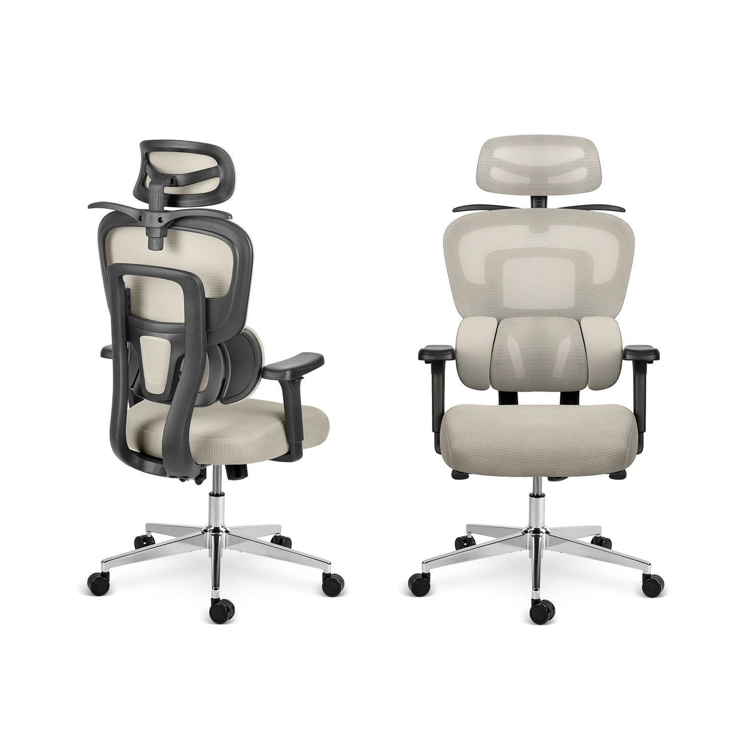 Se muestran dos sillas de oficina ergonómicas. Una vista lateral y una frontal. Ambas tienen respaldos de malla gris, marcos negros y bases plateadas con ruedas.