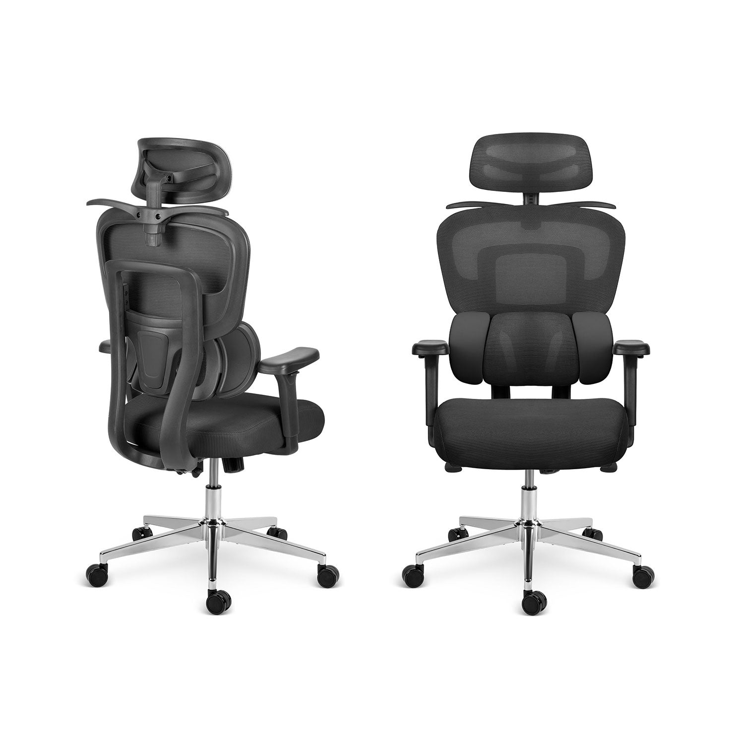 Dos sillas de oficina ergonómicas negras. Una es vista lateral, la otra es vista frontal. Ambas tienen ruedas y base plateada.