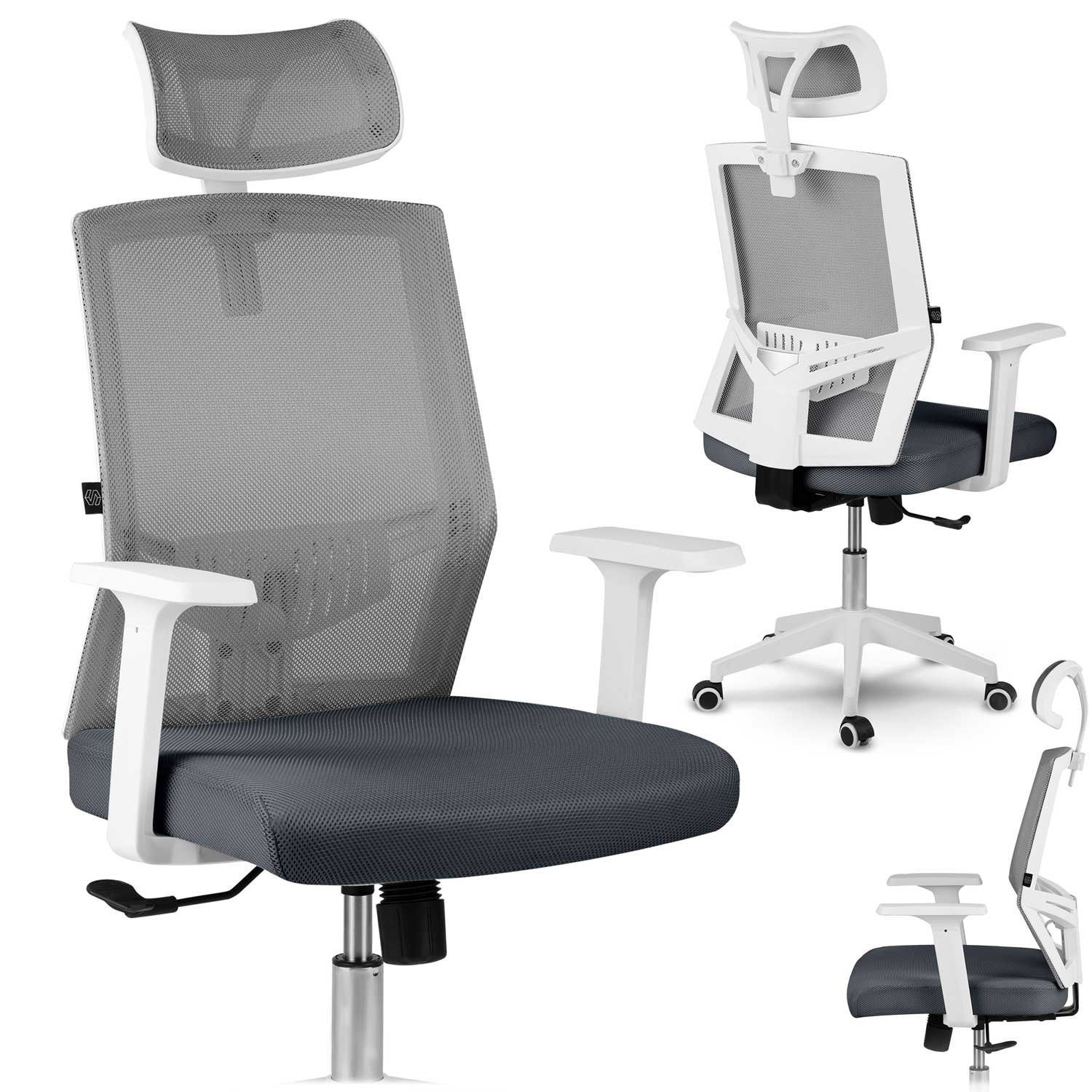 Silla de oficina con respaldo de malla gris, marco blanco, reposabrazos y reposacabezas. Asiento gris oscuro. Múltiples vistas.