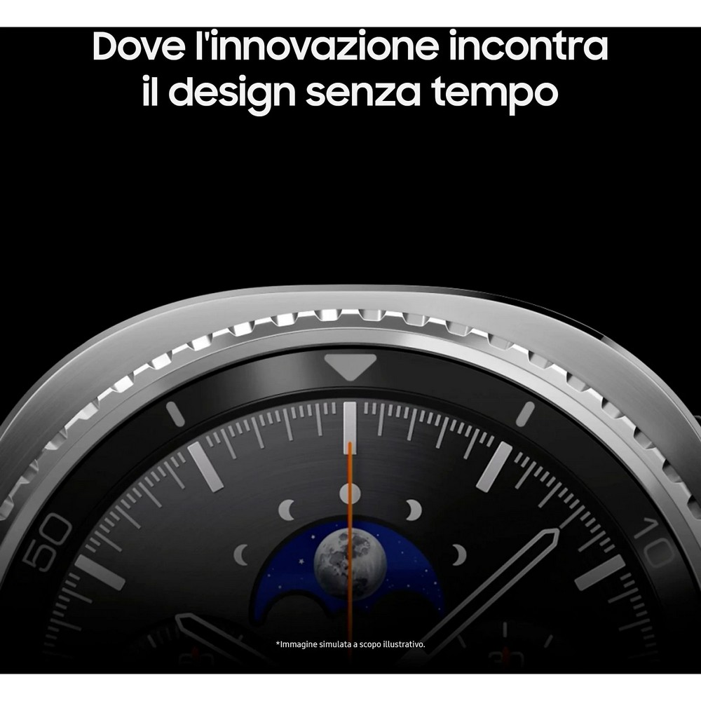 Primo piano di un quadrante con indicatore delle fasi lunari, lunetta argentata e sfondo nero. Testo in alto: 'Dove l'innovazione incontra il design senza tempo'.