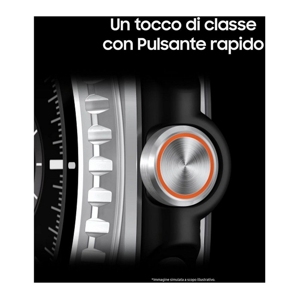 Primo piano di uno smartwatch con pulsante metallico e anello arancione. Testo: 'Un tocco di classe con Pulsante rapido'.