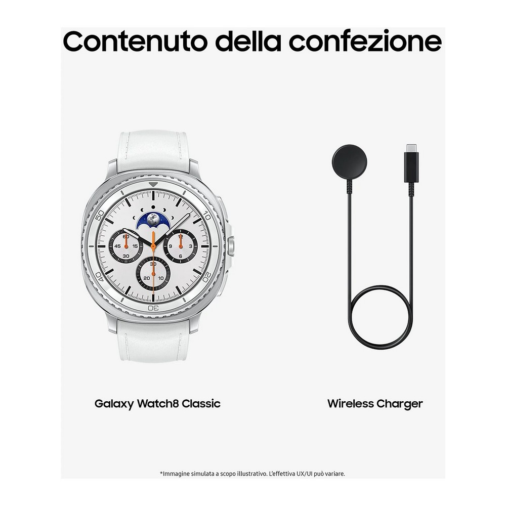 Un Galaxy Watch8 Classic, un caricabatterie wireless e un cavo di ricarica sono mostrati su sfondo bianco. Il testo recita 'Contenuto della confezione'.