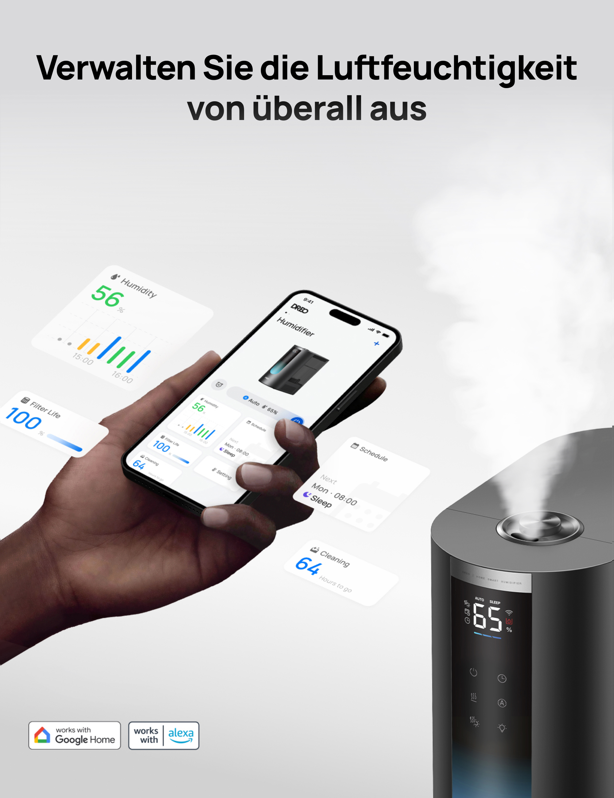 Eine Hand hält ein Telefon mit Feuchtigkeitsdaten. Rechts ein Luftbefeuchter mit Digitalanzeige.