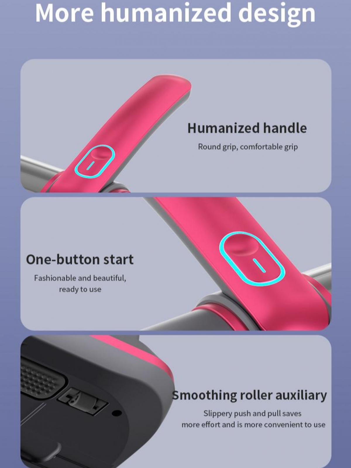 Das Bild zeigt ein Gerät mit rosa Griff, Starttaste und Glättungsrolle. Text hebt humanisiertes Design, runden Griff und einfache Bedienung hervor.