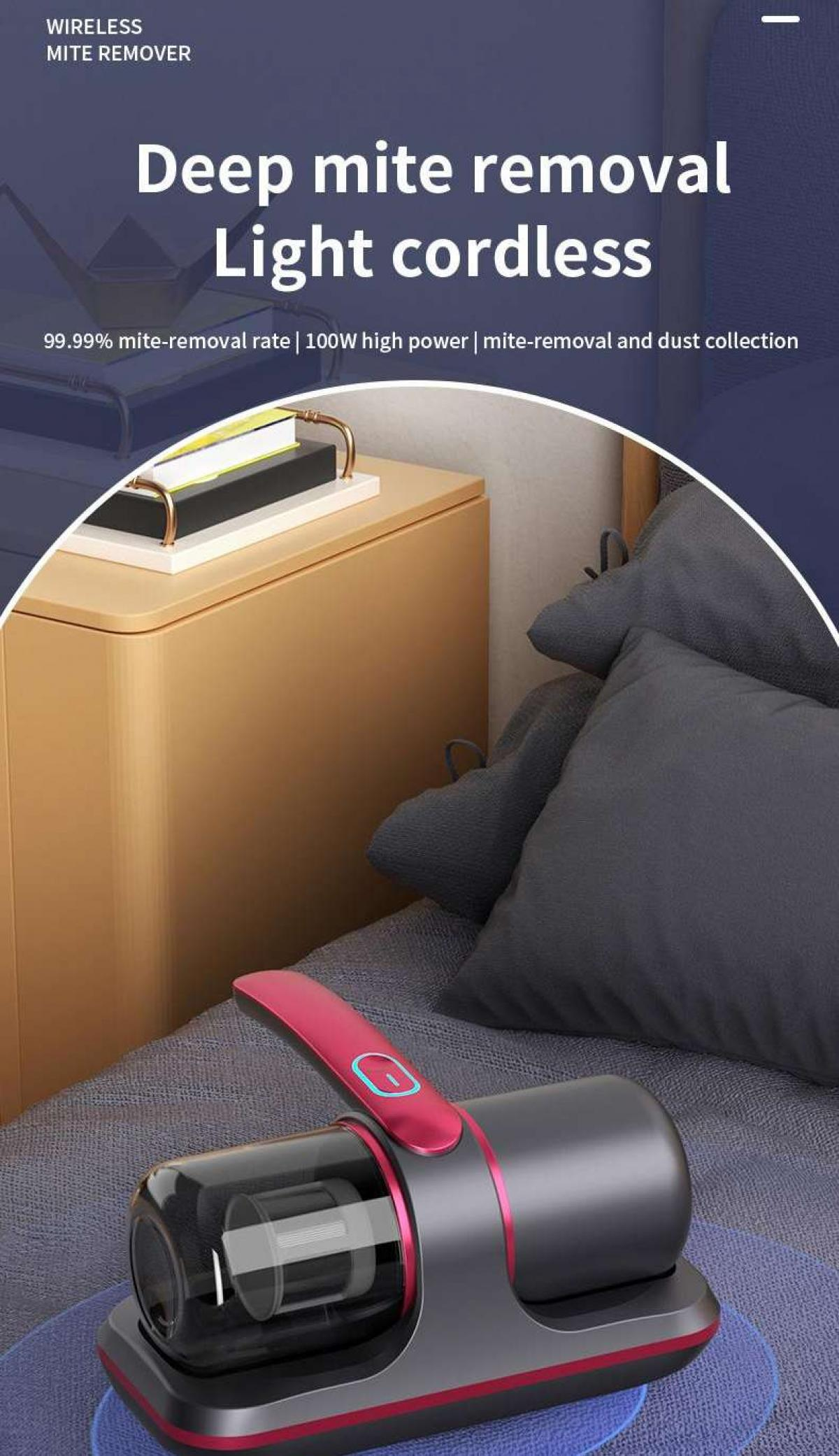 Ein kabelloser Milbenentferner mit rotem und schwarzem Design liegt auf einem Bett. Ein Nachttisch und Kissen sind im Hintergrund.