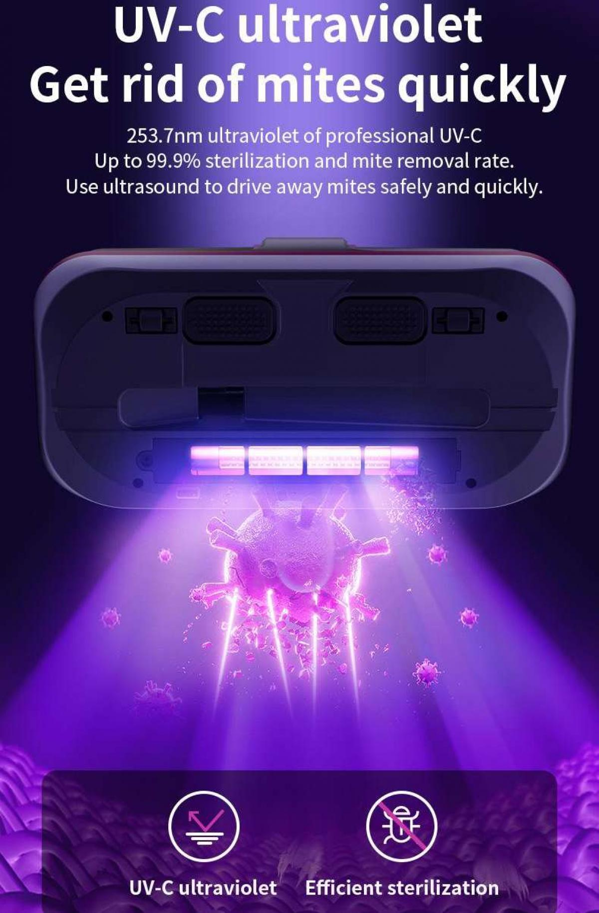 Illustration eines UV-C-Geräts, das violettes Licht aussendet und eine Oberfläche sterilisiert. Text wirbt für Milbenentfernung und Sterilisation.