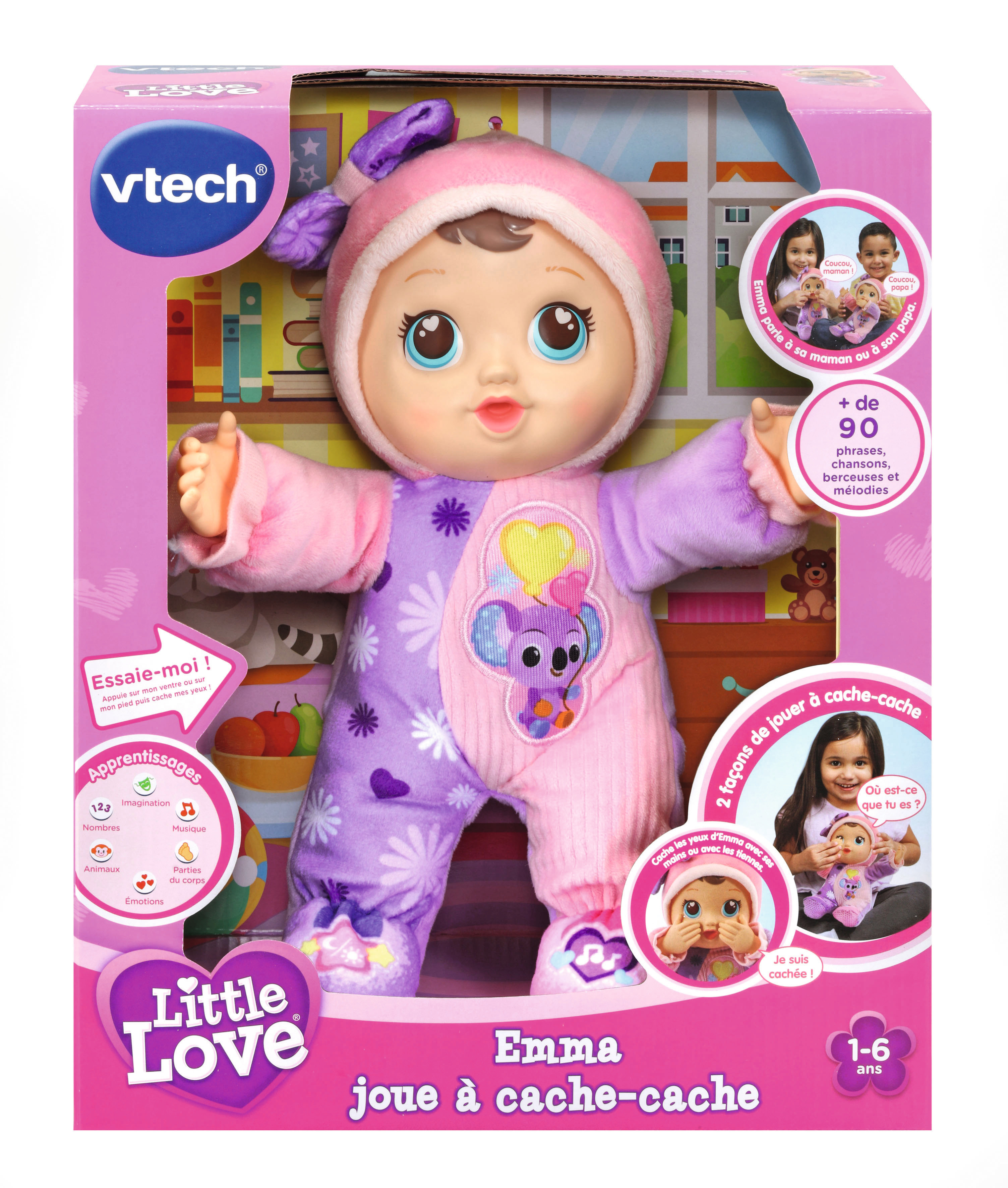 Puppe in einer Box, rosa und lila Outfit. Es hat ein Koala-Design. Auf der Box steht Little Love und Emma.