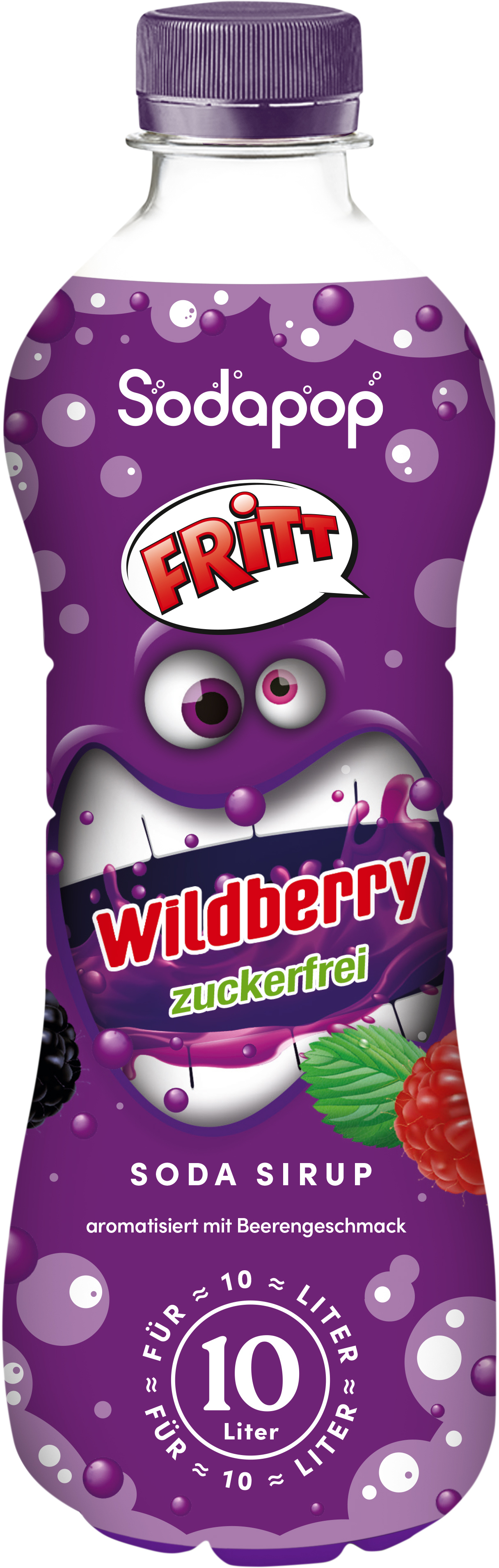 Flasche Fritt Wildberry Soda Sirup. Lila mit animiertem Gesicht. Enthält Text und Bilder von Beeren und Minze.