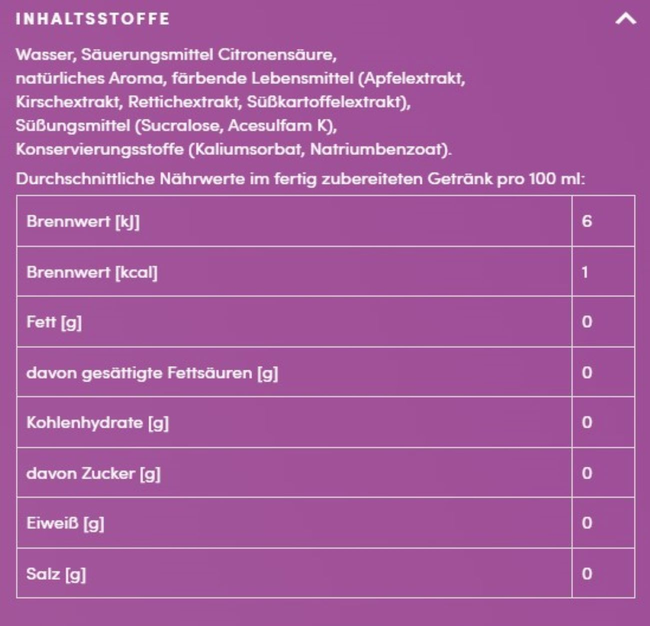 Nährwerttabelle. Listet Zutaten wie Wasser und Süßstoffe auf. Zeigt Werte für Energie, Fett, Kohlenhydrate und Salz.