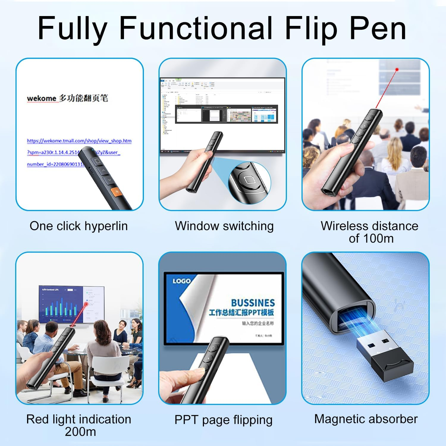 Das Bild zeigt einen schwarzen Flip-Stift mit verschiedenen Funktionen, darunter Hyperlink, Fensterwechsel und PPT-Seitenblättern.