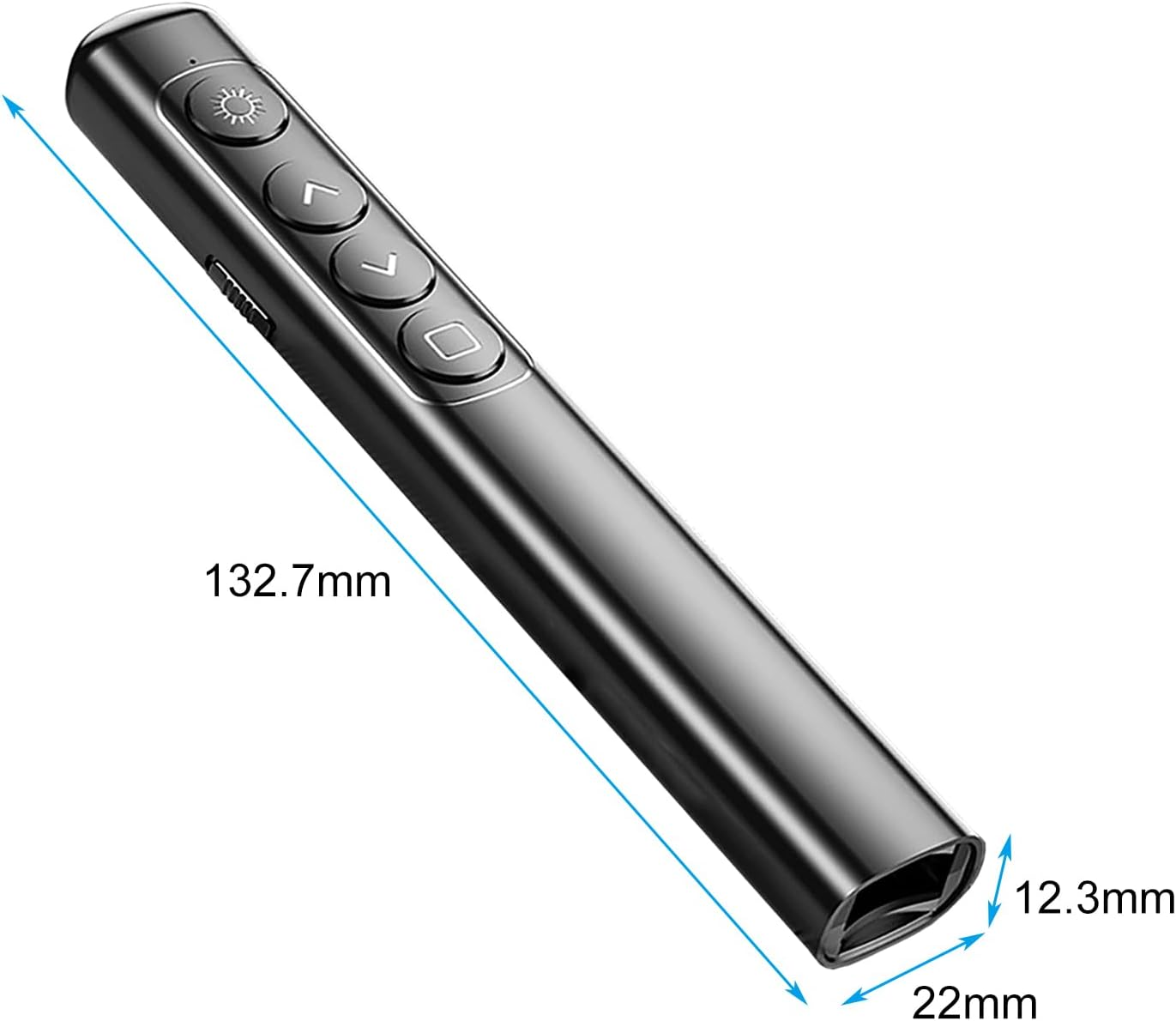 Eine schwarze Präsentationsfernbedienung mit Tasten und beschrifteten Abmessungen. Sie ist 132,7 mm lang, 22 mm breit und 12,3 mm dick.