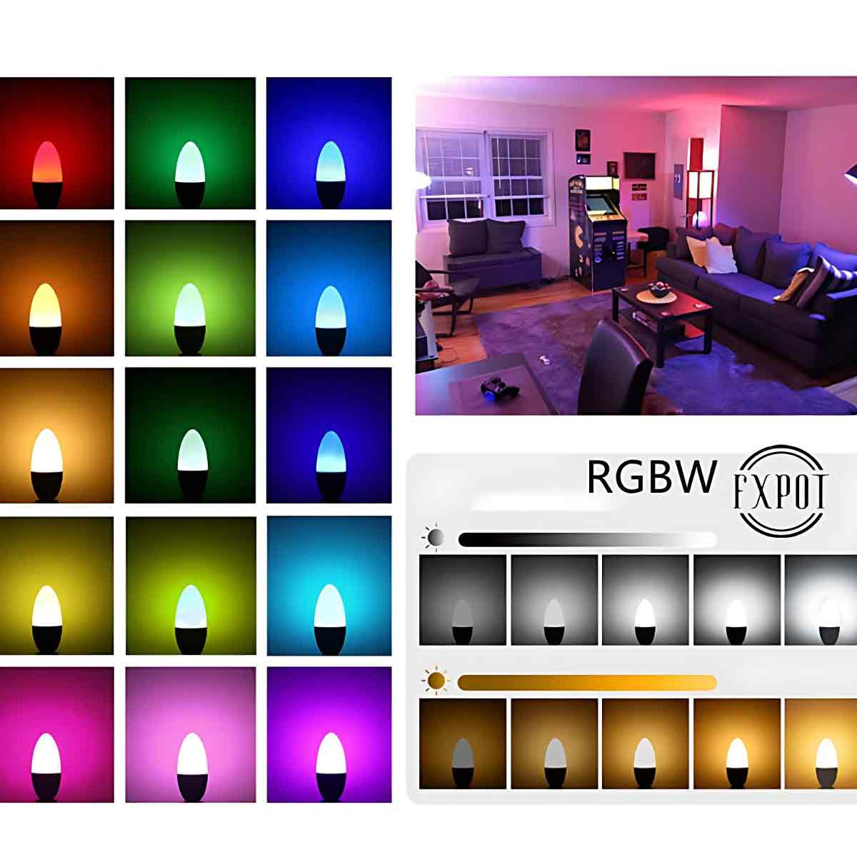 Das Bild zeigt eine Vielzahl farbiger Glühbirnen, ein Wohnzimmer und ein Bedienfeld für Lichteinstellungen.