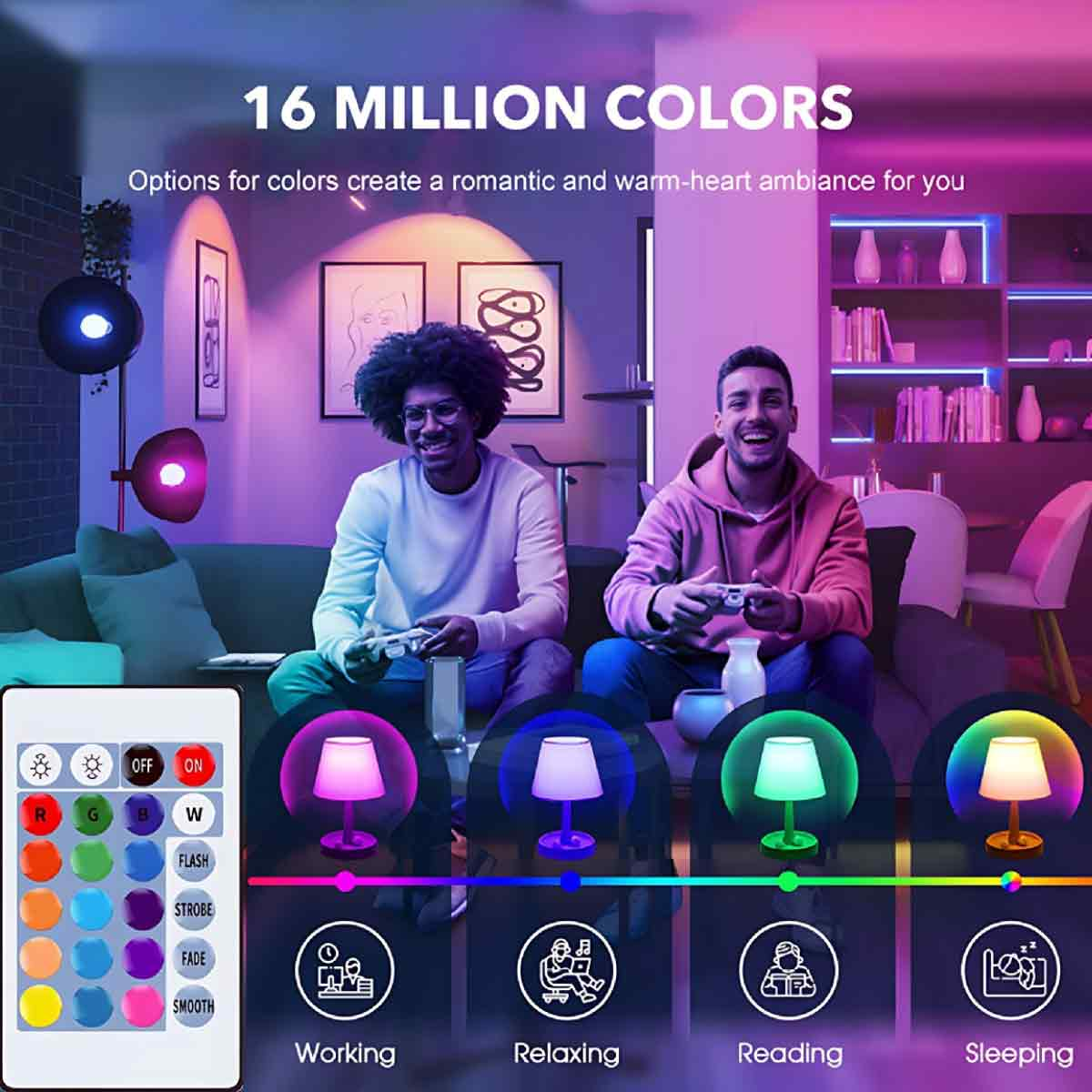 Zwei Männer spielen Videospiele in einem farbenfrohen Raum. Lampen zeigen verschiedene Farben. Der Text lautet '16 MILLION COLORS'.