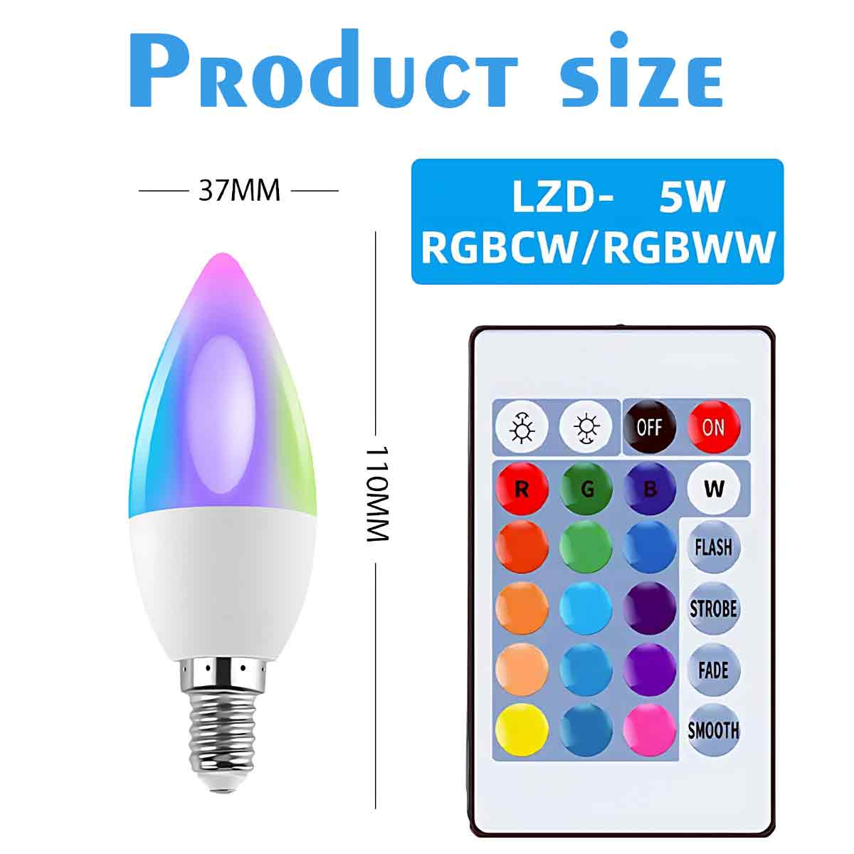 Eine farbenfrohe LED-Glühbirne mit Abmessungen und eine Fernbedienung mit verschiedenen Farb- und Modusoptionen.
