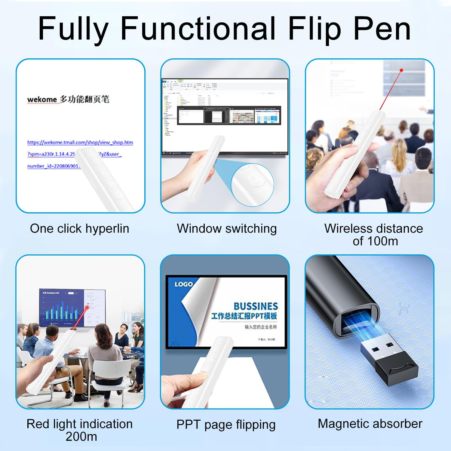 Das Bild zeigt einen 'Fully Functional Flip Pen' mit Funktionen wie Fensterschaltung und PPT-Seitenblättern. Es hat auch einen Magnetabsorber.