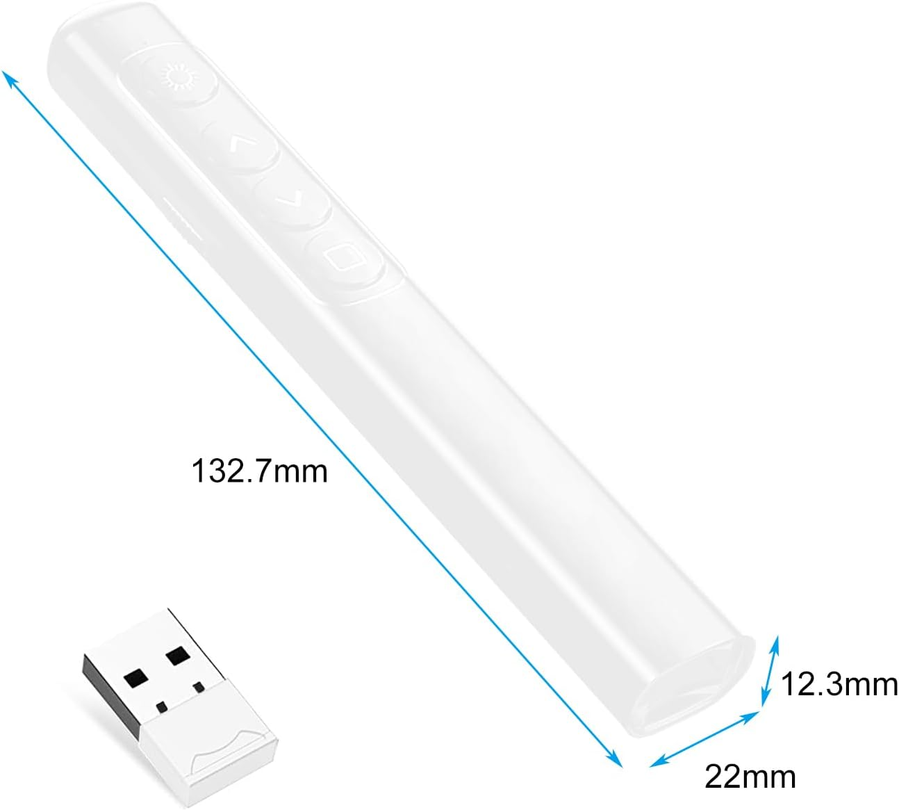 Eine weiße Präsentationsfernbedienung mit Tasten und einem USB-Empfänger. Abmessungen sind angegeben.