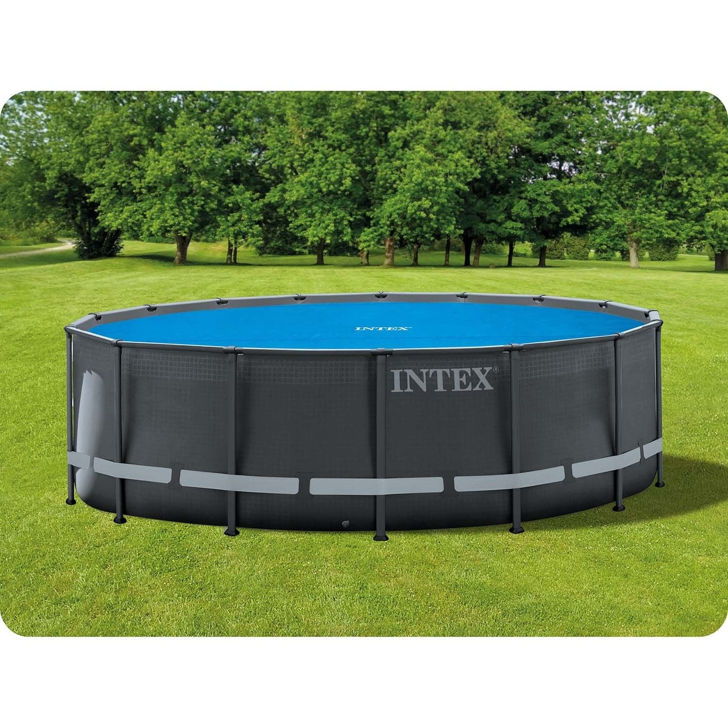 Una piscina elevada con una cubierta azul sobre hierba verde. Árboles en el fondo.