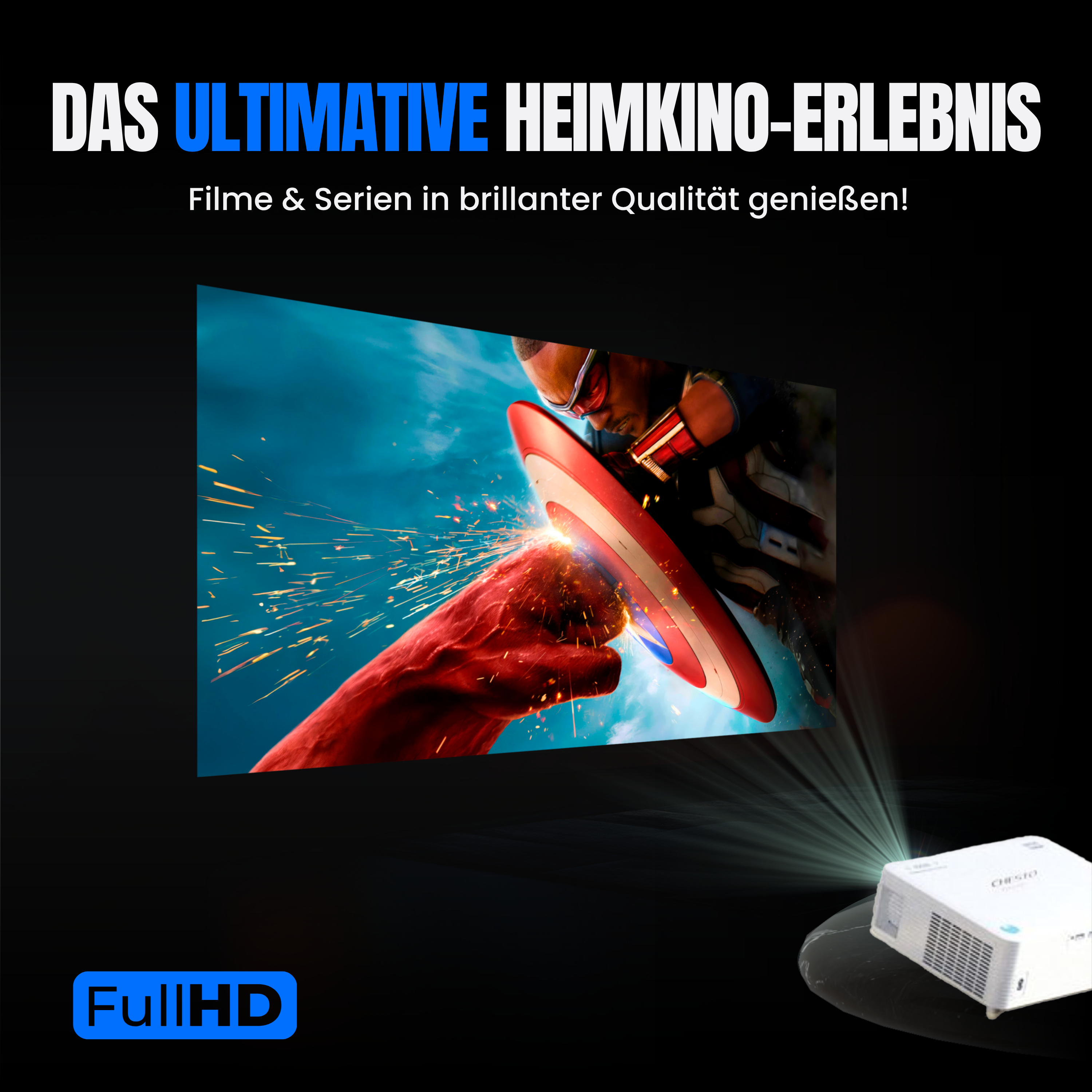 Ein Projektor projiziert ein Bild von Captain Americas Schild, das getroffen wird. Text sagt 'FullHD' und 'Das ultimative Heimkino'.