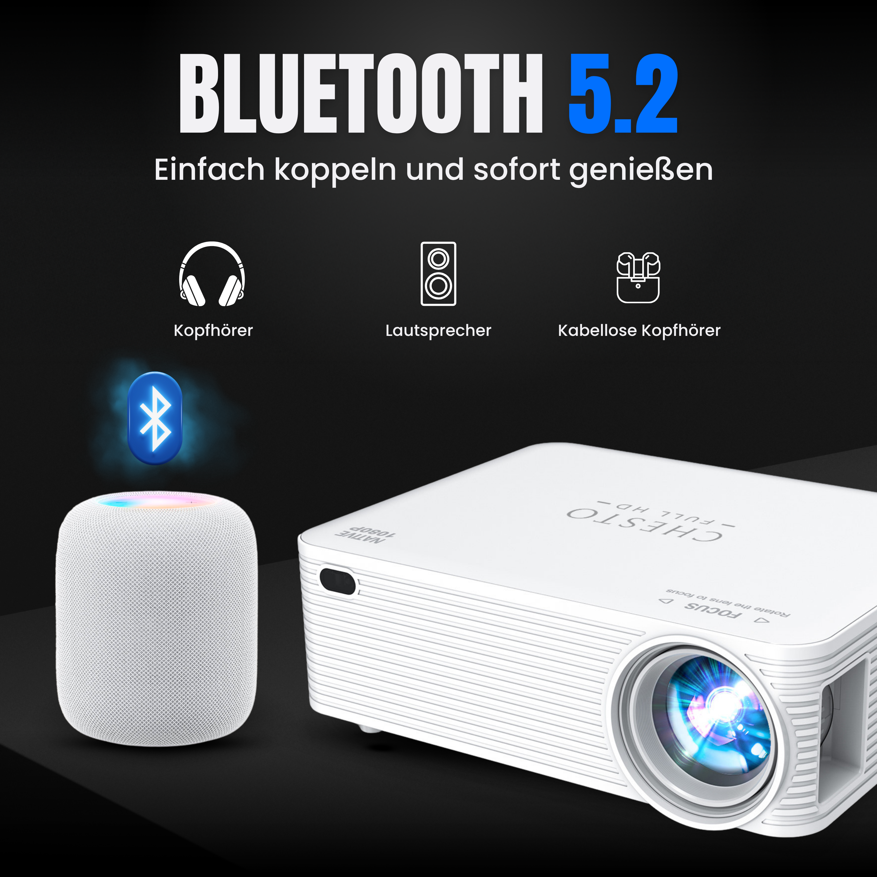 Ein weißer Projektor mit Bluetooth 5.2-Text. Ein Lautsprecher, Kopfhörer und Ohrhörer sind ebenfalls abgebildet.