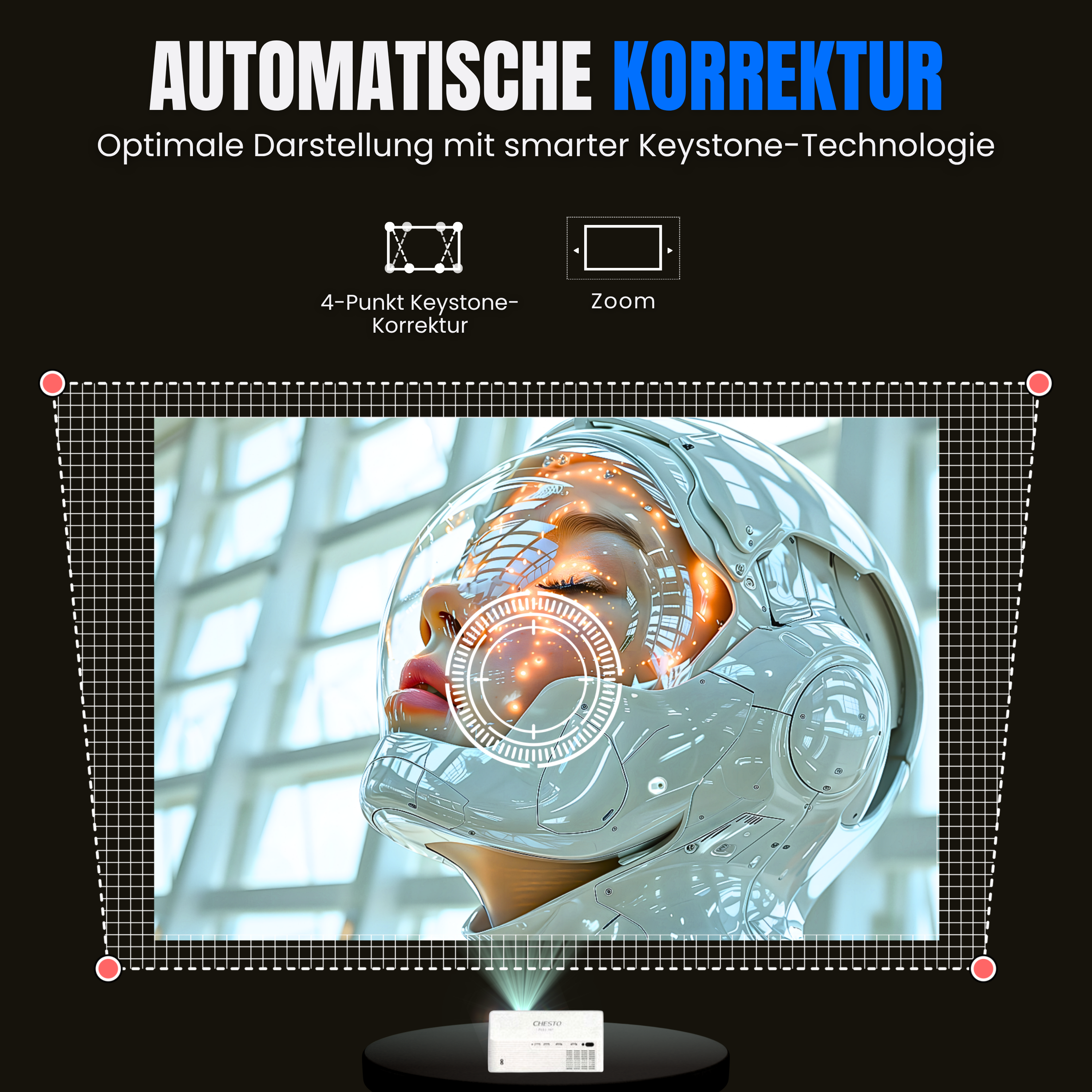 Eine astronautenähnliche Figur in einem projizierten Bild mit Text über Trapezkorrektur und Zoomfunktionen.
