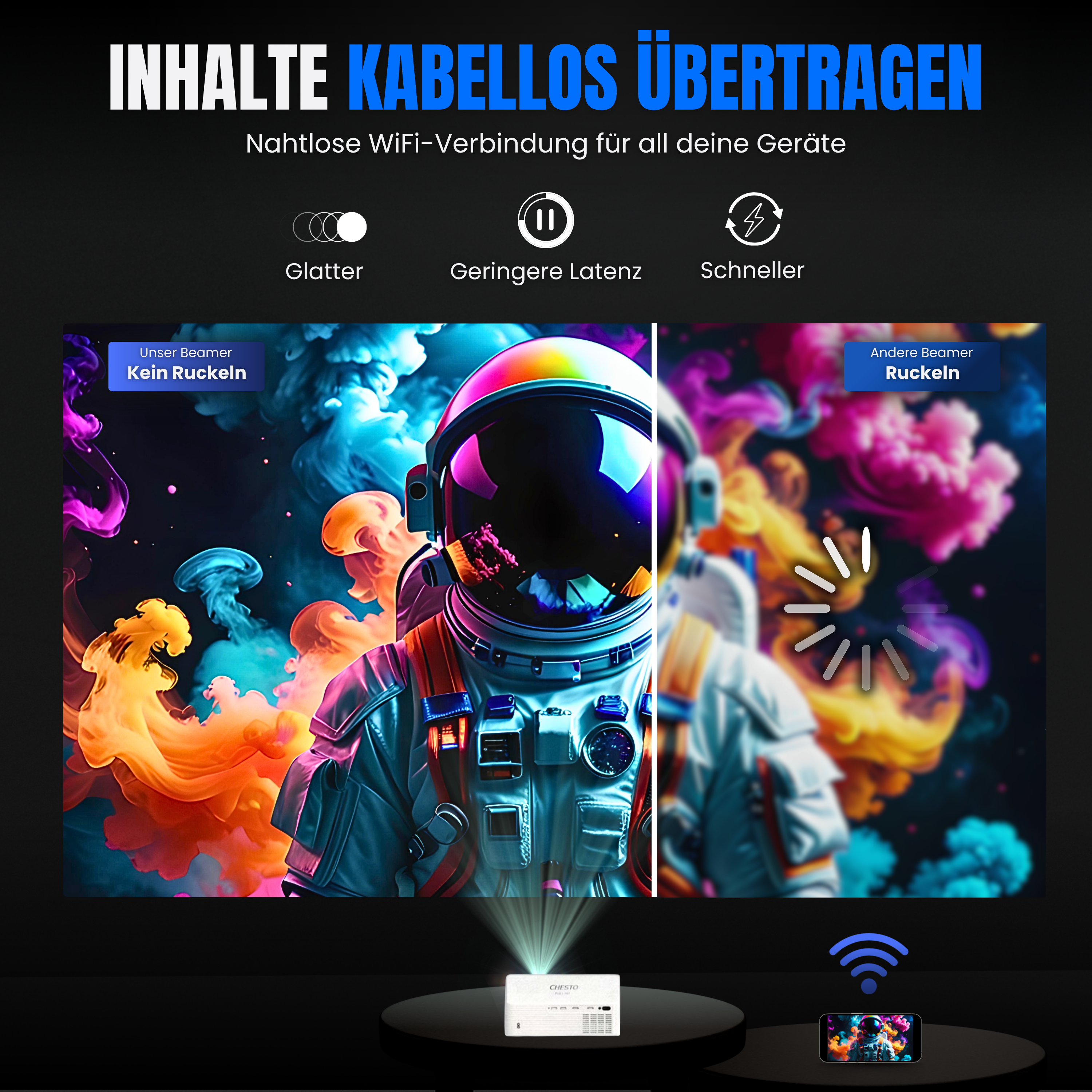 Ein Astronaut in einem bunten Helm. Text sagt 'INHALTE KABELLOS ÜBERTRAGEN' und 'Nahtlose WiFi-Verbindung'.