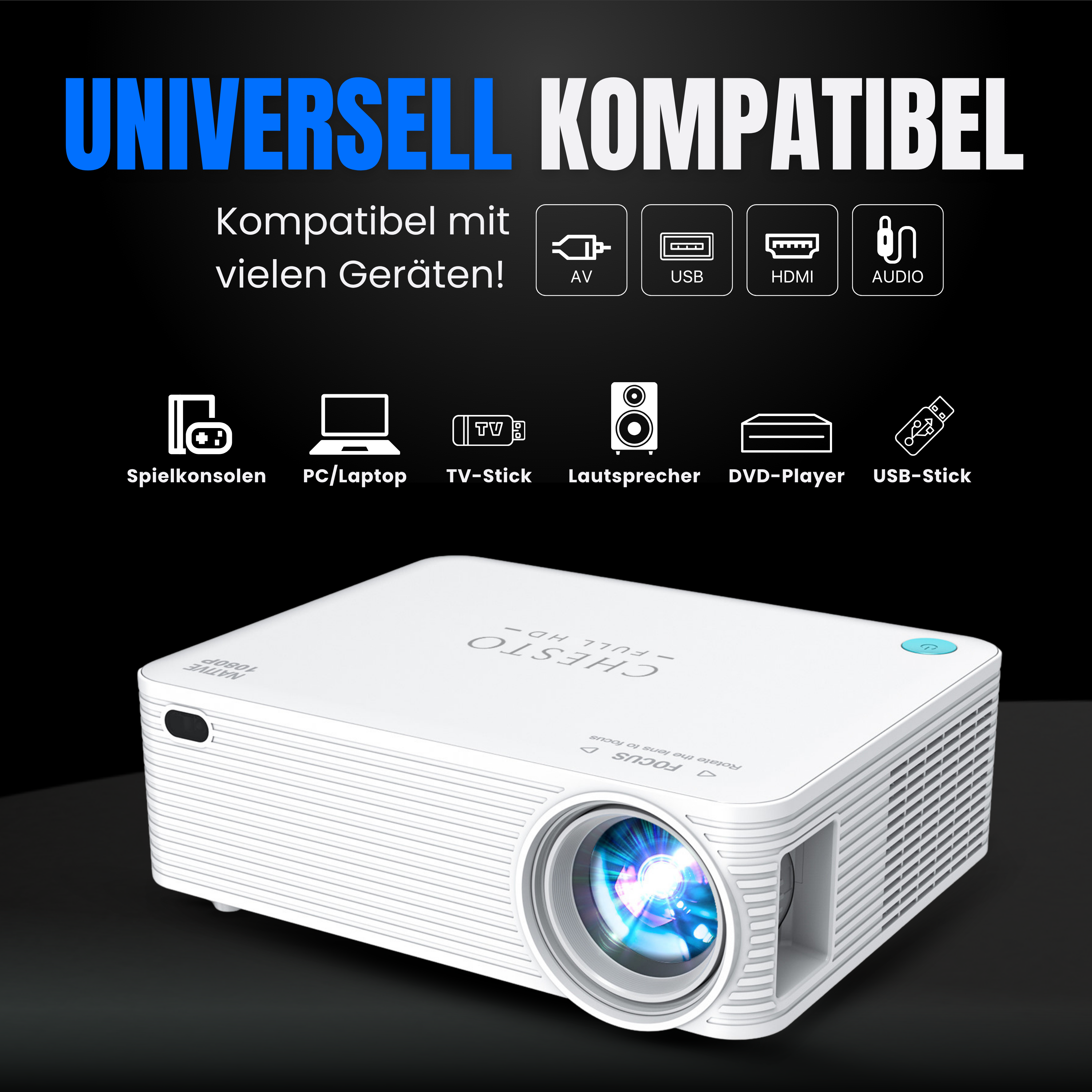 Ein weißer Projektor mit Text. Er hat Konnektivitätssymbole und ist mit verschiedenen Geräten kompatibel.