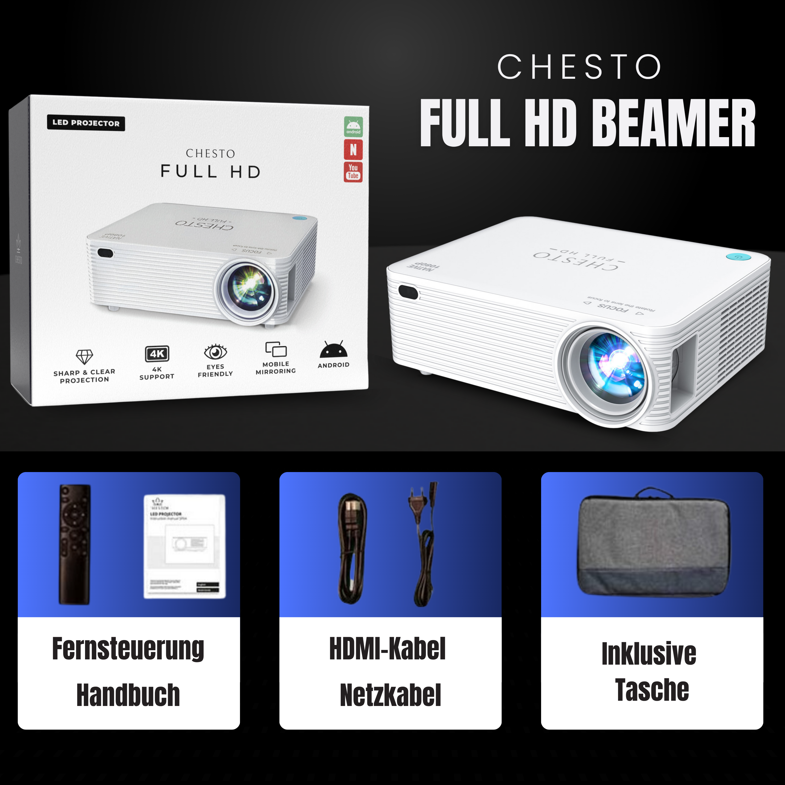 Ein weißer Projektor mit Zubehör: Fernbedienung, Handbuch, Kabel und eine Tasche. Text: 'CHESTO FULL HD BEAMER'.