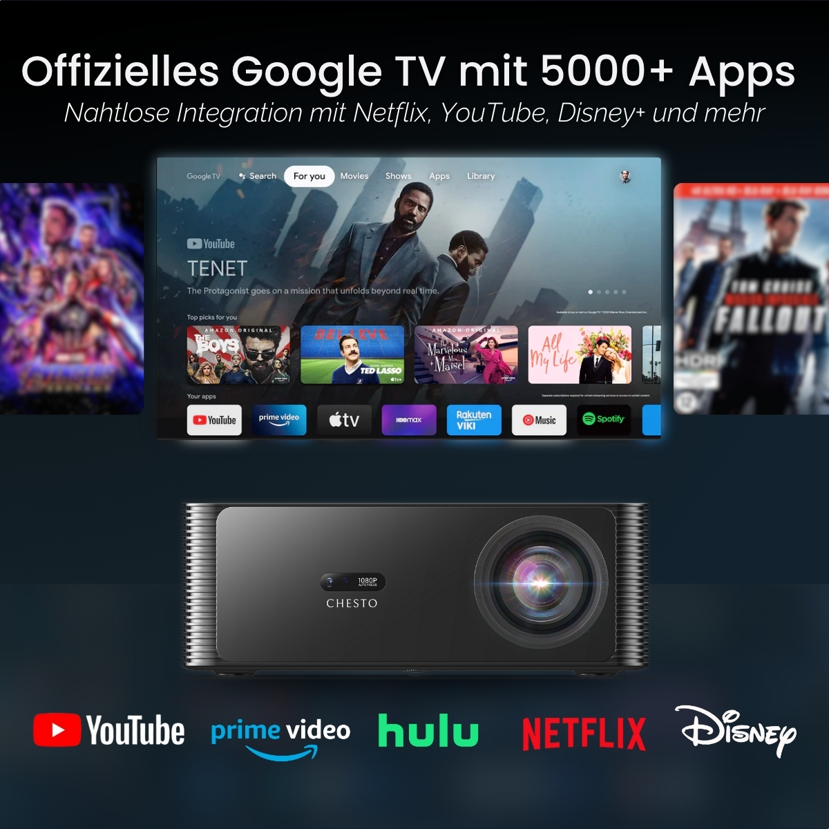 Un proyector muestra la interfaz de Google TV, con miniaturas de películas y logotipos de servicios de transmisión. La palabra 'CHESTO' está en el proyector.