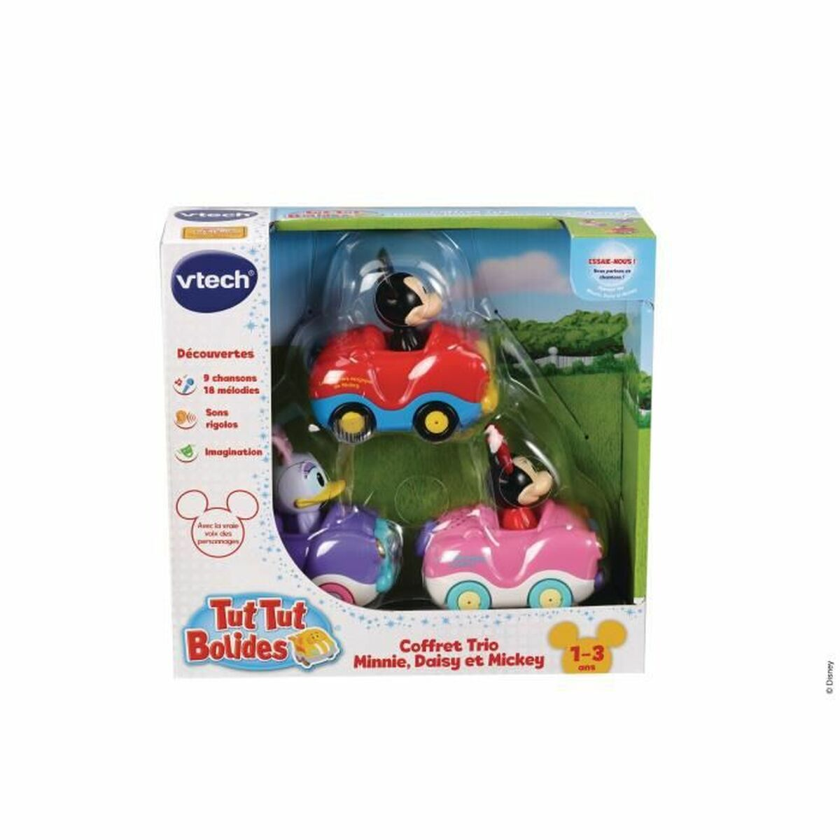 Ein Vtech-Spielzeugset mit Micky, Minnie und Daisy in Autos. Die Box zeigt Produktdetails und das Disney-Logo.