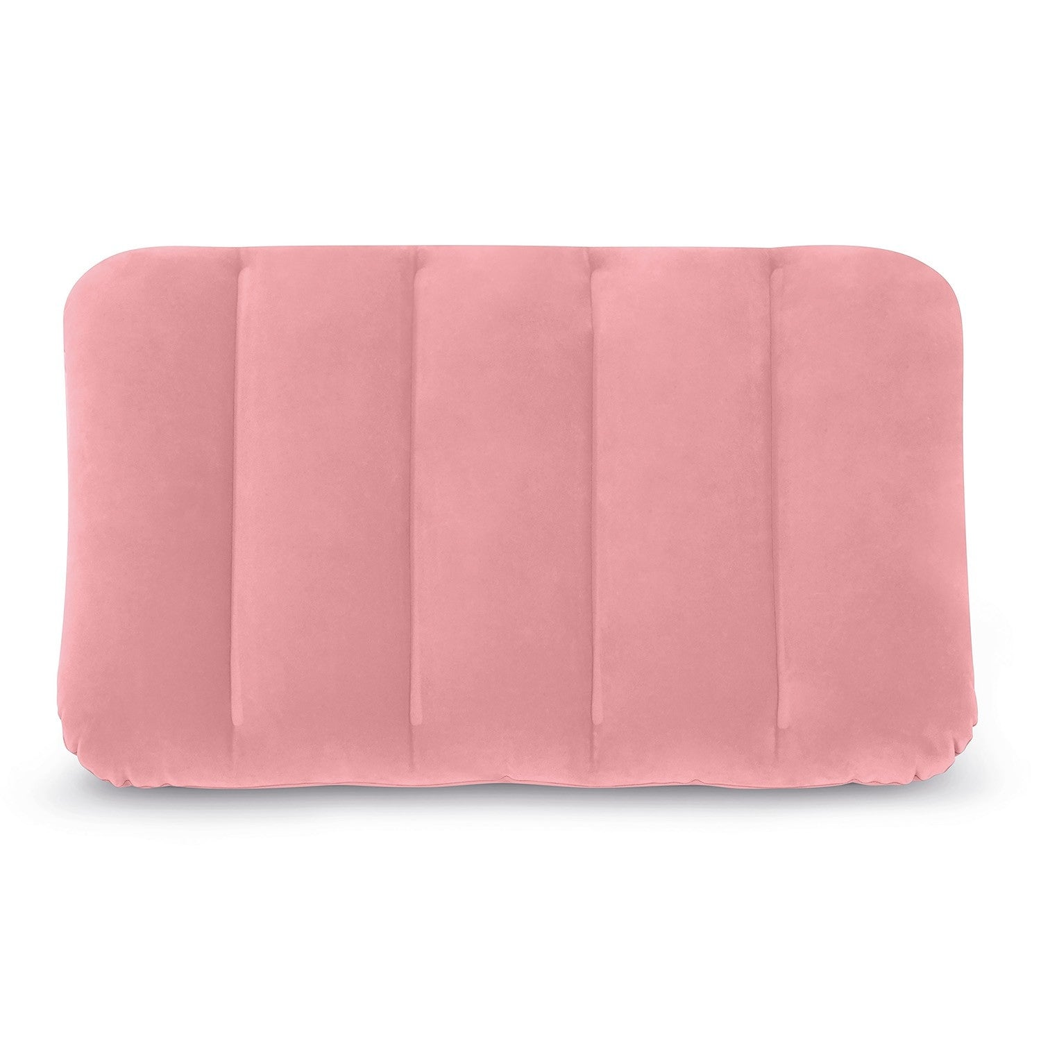 Una almohada rectangular de color rosa claro con detalles de costuras verticales. La almohada está sobre un fondo blanco, vista desde arriba.