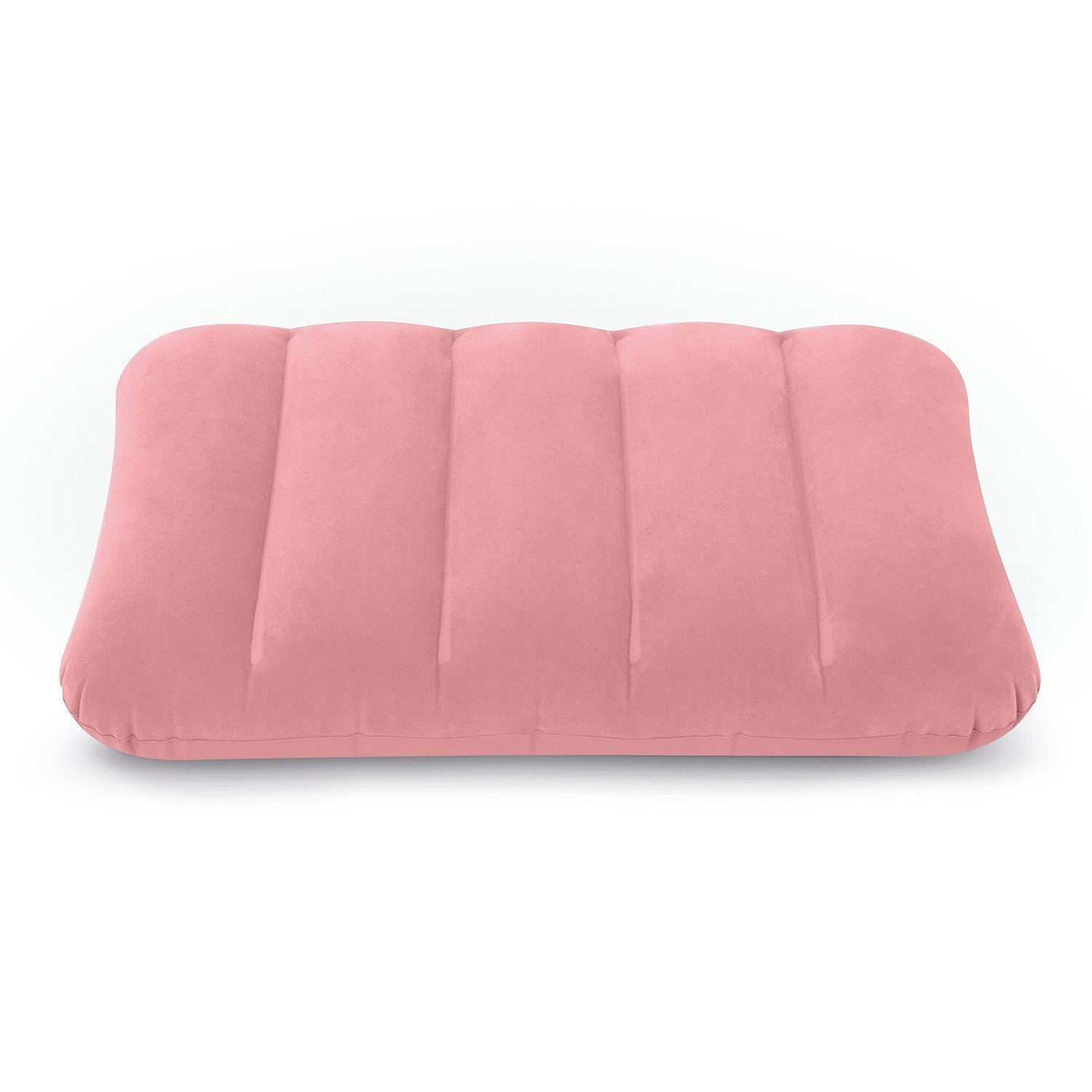 Una almohada inflable rosa rectangular, con costillas verticales, yace sobre un fondo blanco. La almohada está centrada y aislada.