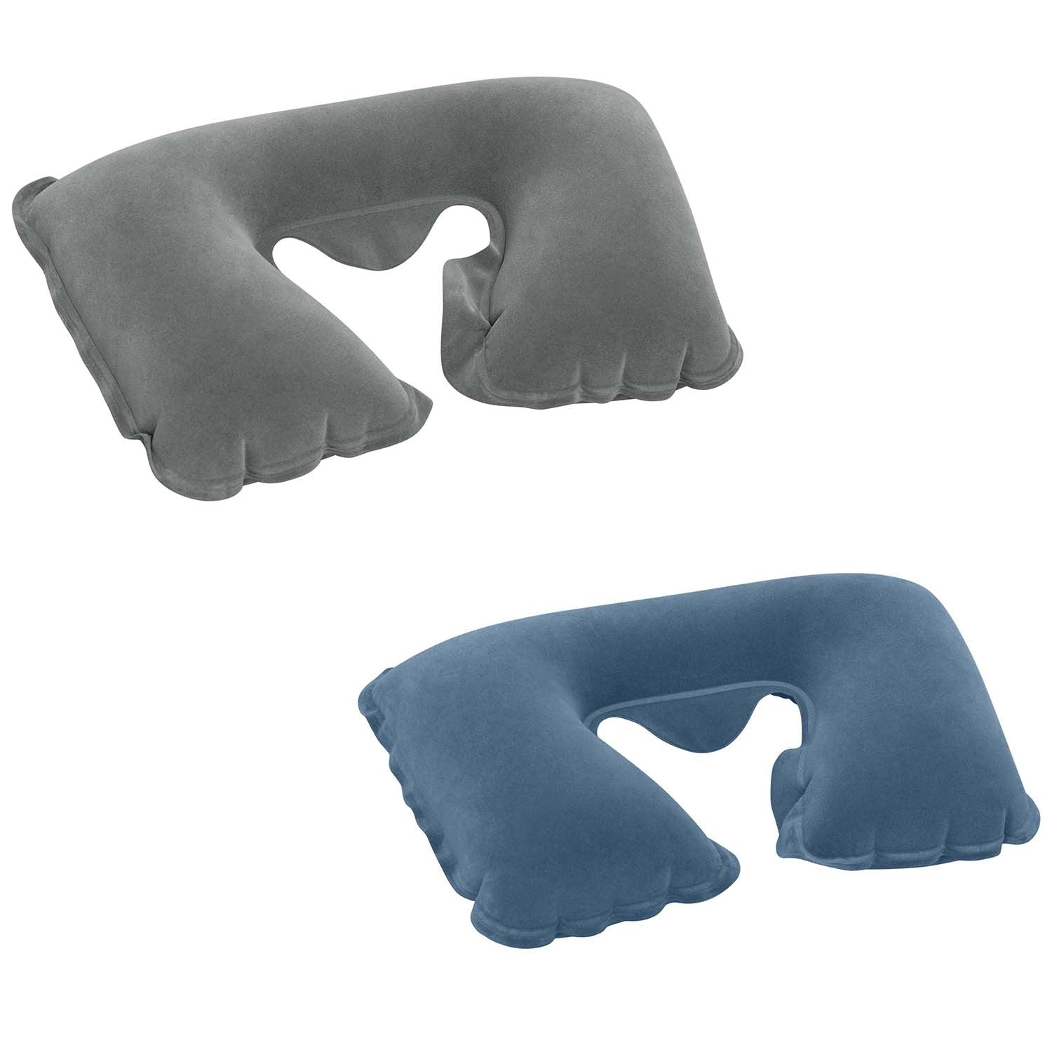 Se muestran dos almohadas de viaje. Una gris y otra azul. Ambas tienen forma de U con un agujero en el medio, diseñadas para sostener el cuello.