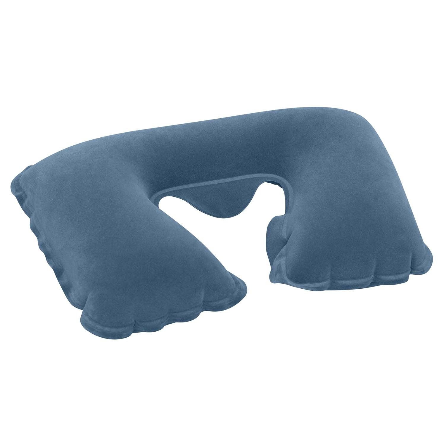Se muestra una almohada de viaje azul. Tiene forma de U, diseñada para sostener el cuello. La almohada está inflada y parece suave.