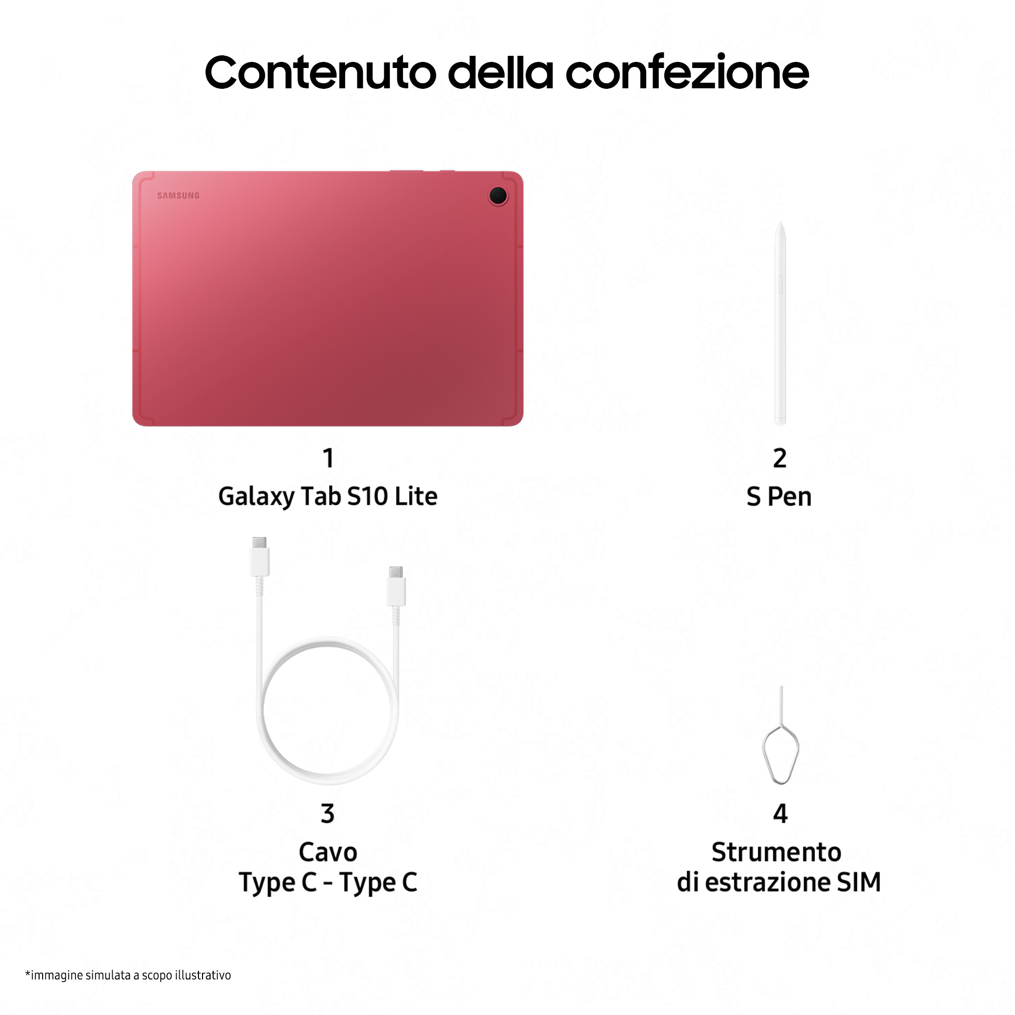 Obraz przedstawia czerwony tablet, S Pen, kabel typu C i narzędzie do wyjmowania karty SIM.