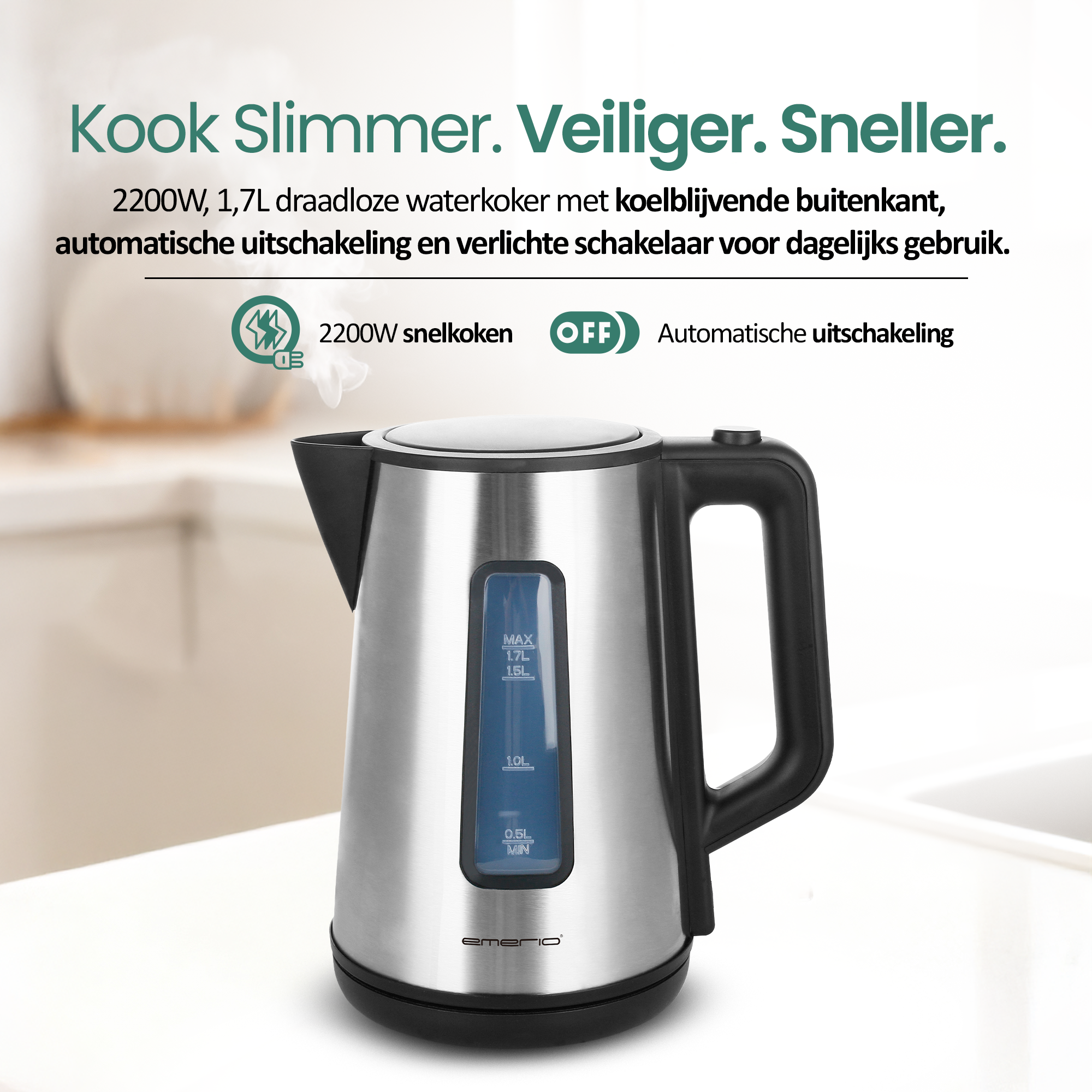 A stainless steel electric kettle with a black handle. It has a water level indicator. Text on top: Kook Slimmer. 