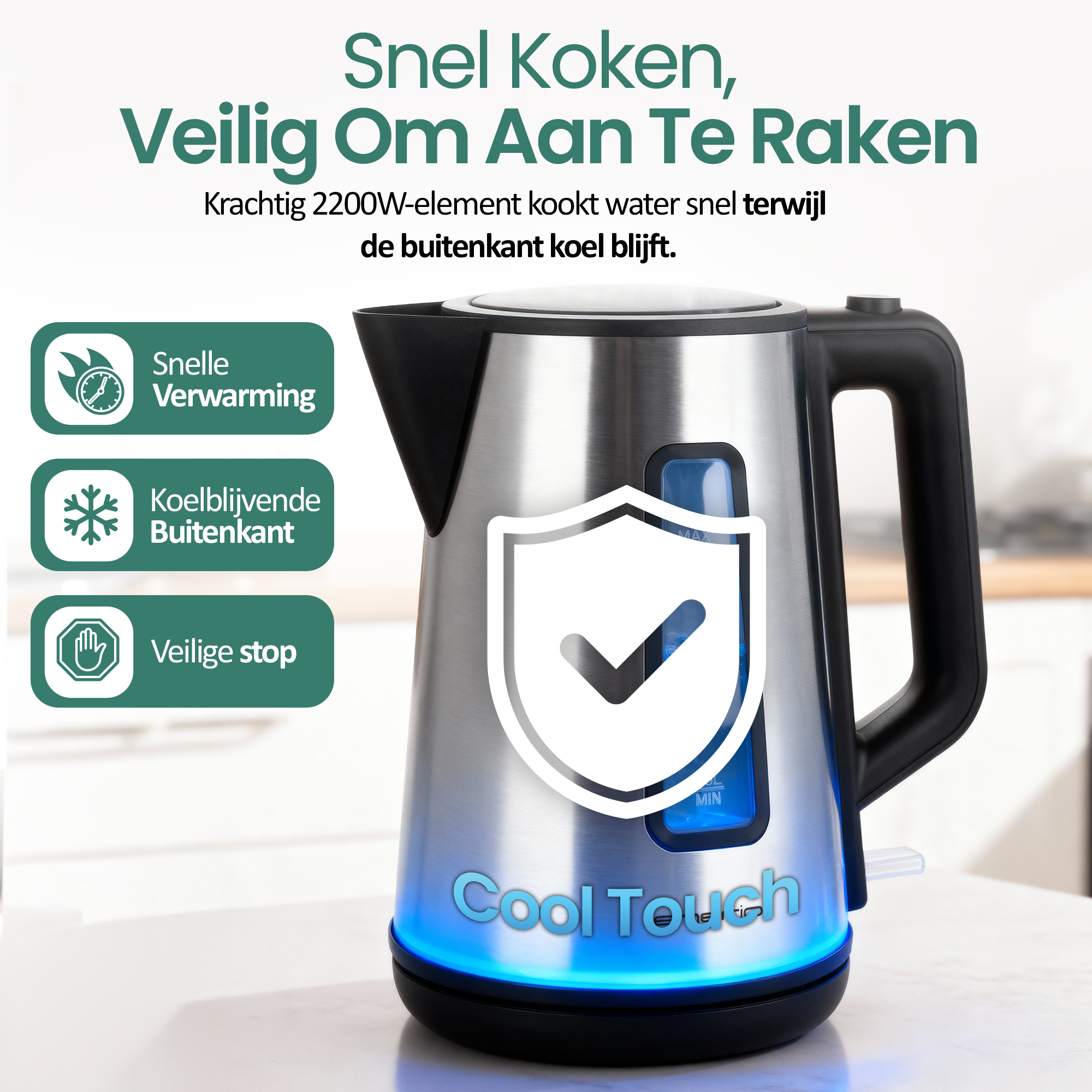 A metallic electric kettle with a black handle, a blue light at the base, and text. The background is blurred.